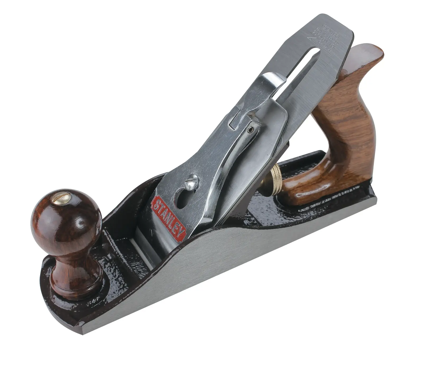 STANLEY 12-163 cepillo manual con mangos de madera, vista lateral, cuerpo de metal negro, herramienta para carpintería sobre fondo blanco.