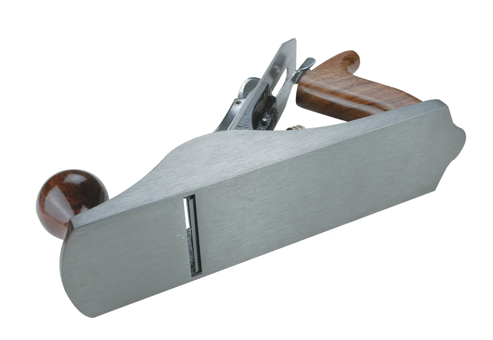 Cepillo manual STANLEY 12-164 con mangos de madera y cuerpo de acero, ángulo lateral sobre fondo blanco.