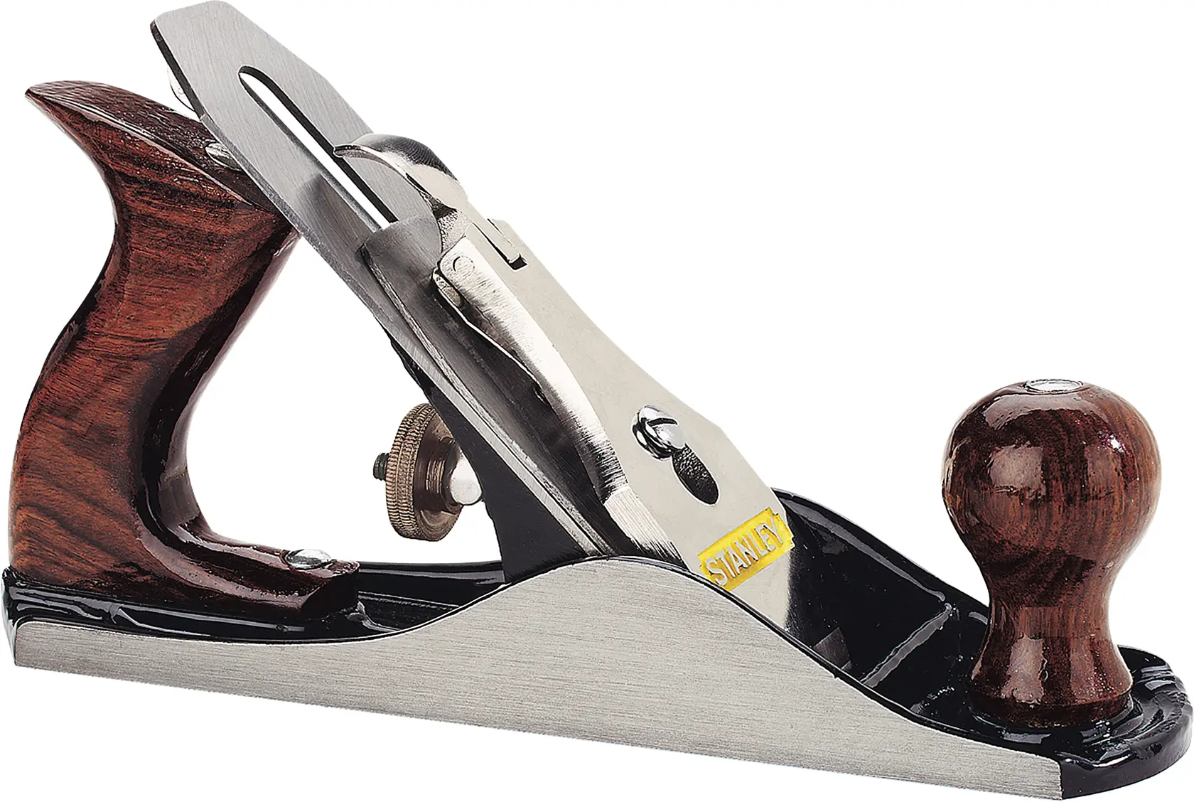 STANLEY 12-164 cepillo manual con mango de madera, ángulo lateral, base de metal plateada, etiqueta de marca visible.