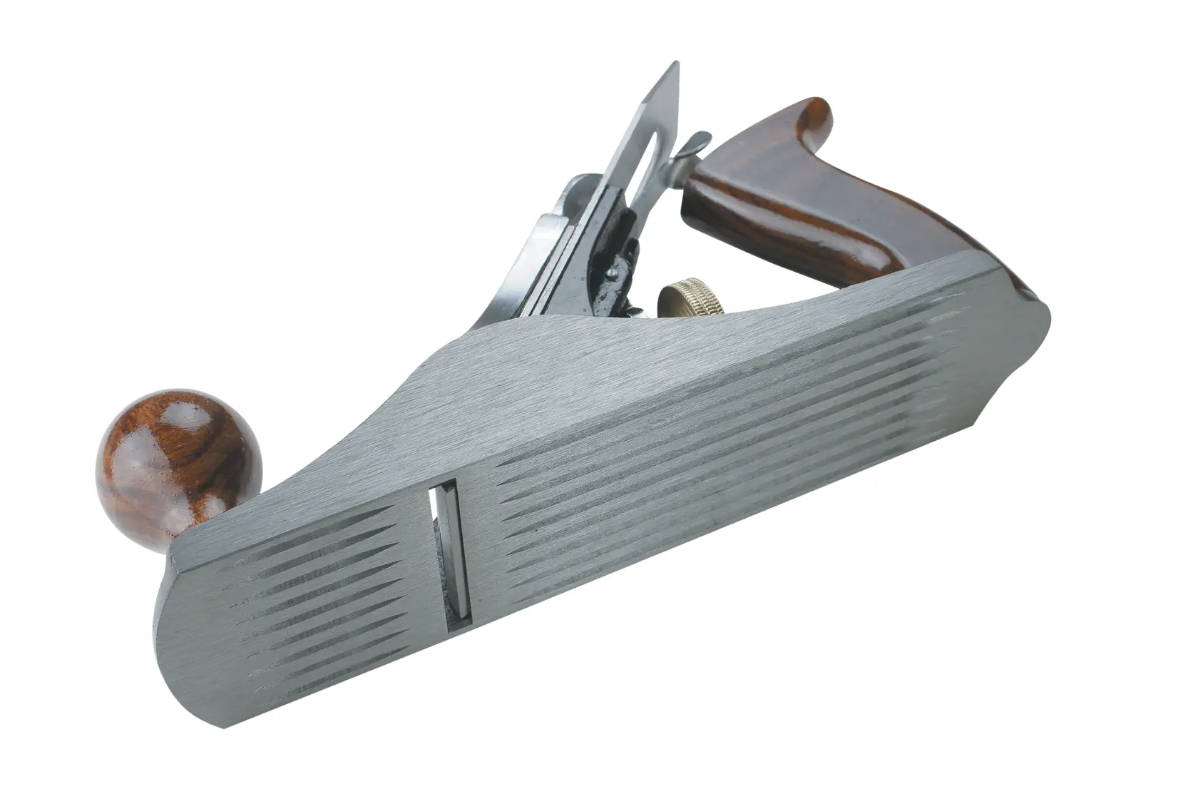 STANLEY 12-173 cepillo manual con cuerpo metálico y mangos de madera, ángulo superior, herramienta de carpintería.