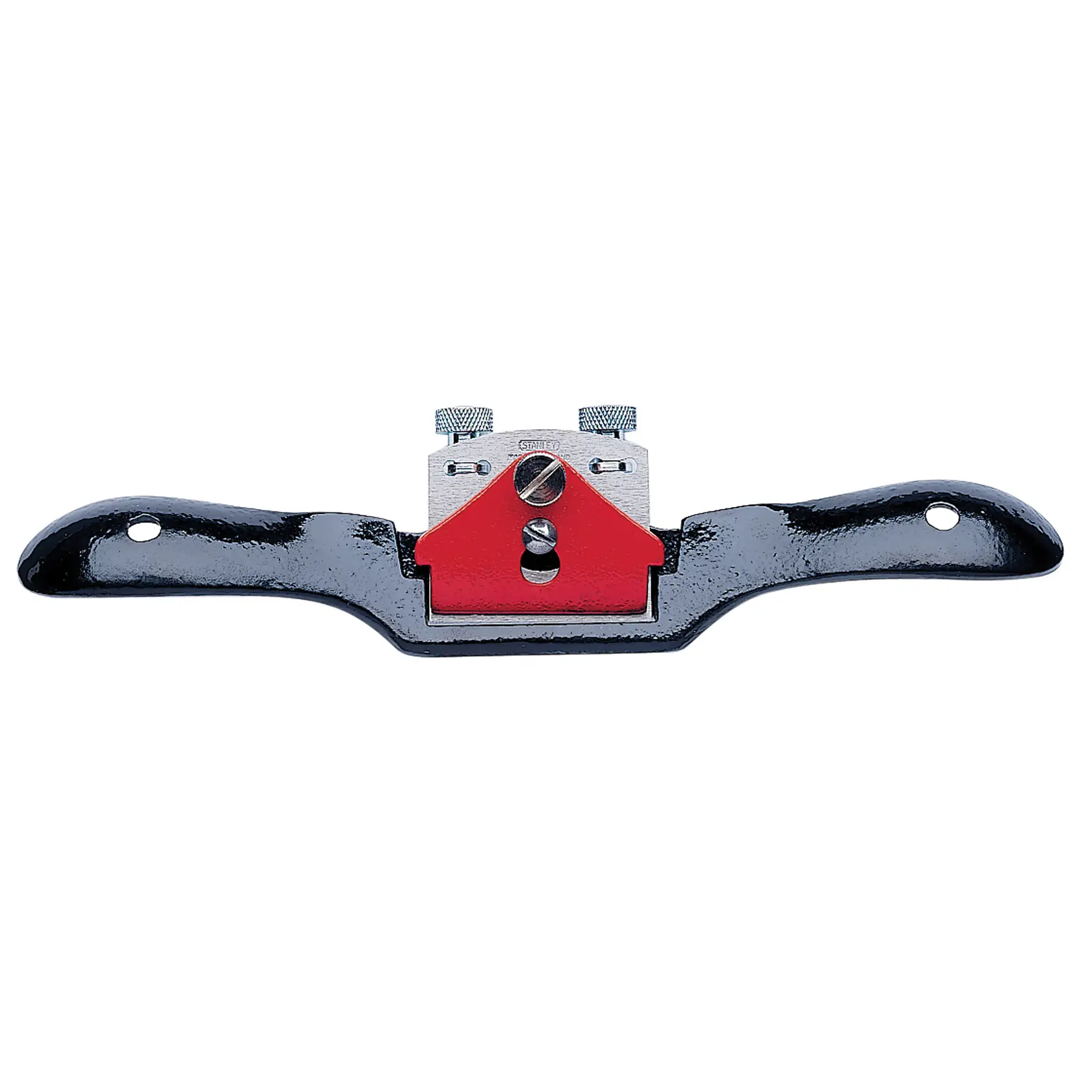 Cepillo spokeshave STANLEY con mangos negros y centro rojo, ángulo frontal sobre fondo blanco