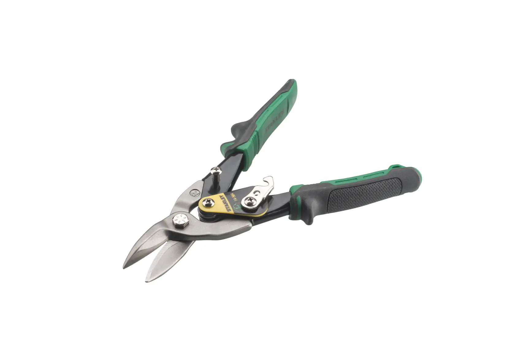 STANLEY 14-564 tijera de aviación con mangos ergonómicos verdes y negros, foto del producto sobre fondo blanco.