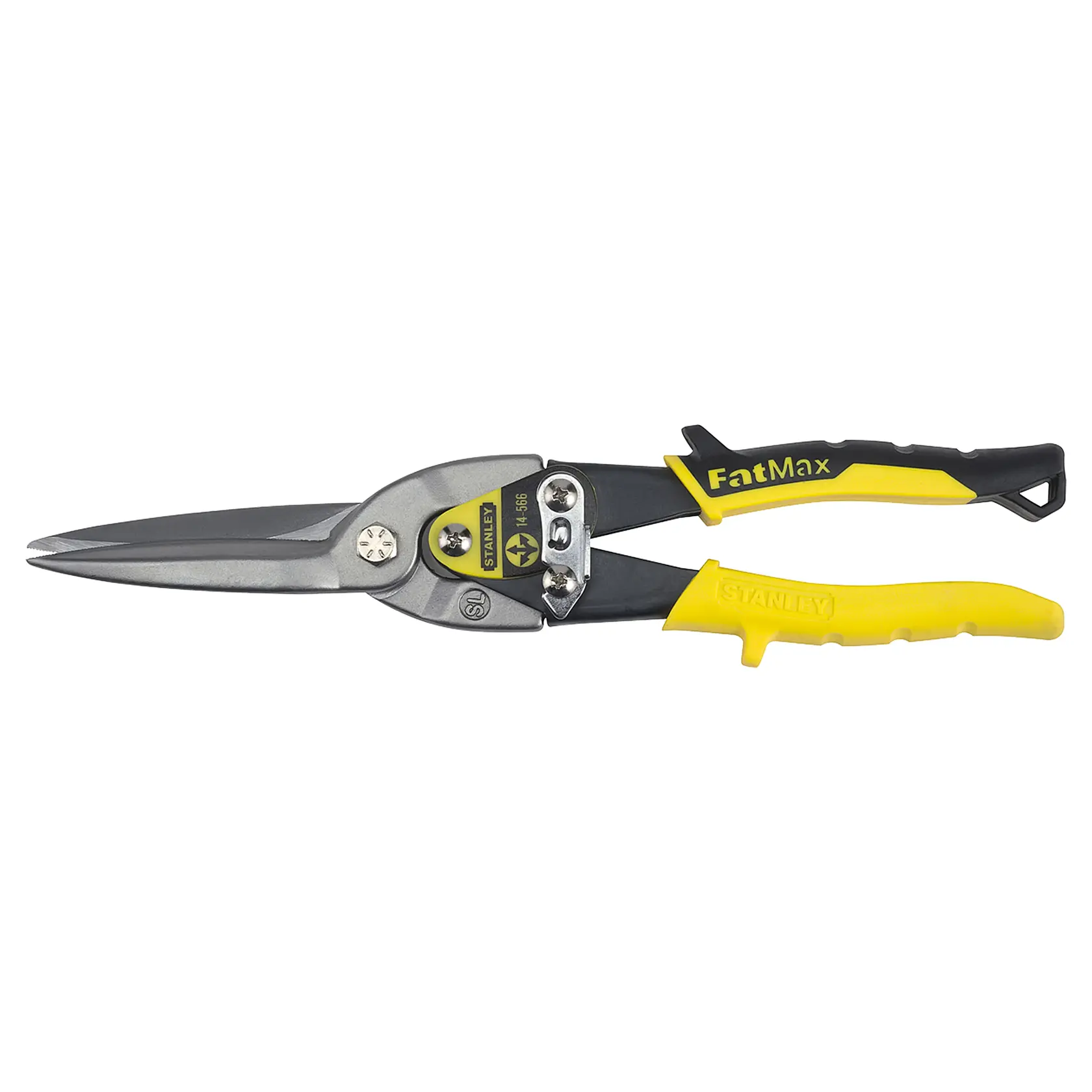 STANLEY 14-566 FatMax tijeras de aviación con mango amarillo y negro, foto lateral.