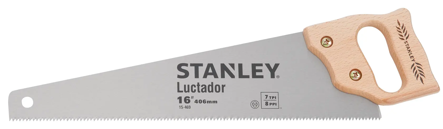 Foto del serrucho STANLEY 15-469 con hoja de acero de 16 pulgadas y mango de madera clara, ángulo lateral sobre fondo blanco.