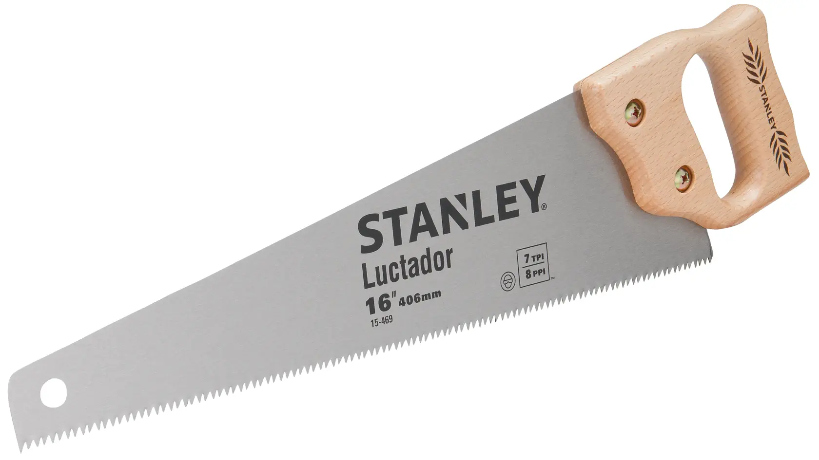 Fotografía de sierra manual STANLEY 15-469 con mango de madera y hoja de acero de 16 pulgadas, en ángulo sobre fondo blanco.