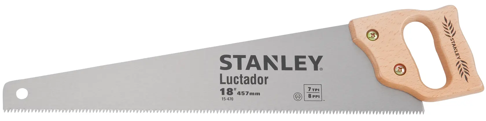 STANLEY 15-470 sierra manual con mango de madera y hoja de acero de 18 pulgadas, vista lateral sobre fondo blanco.