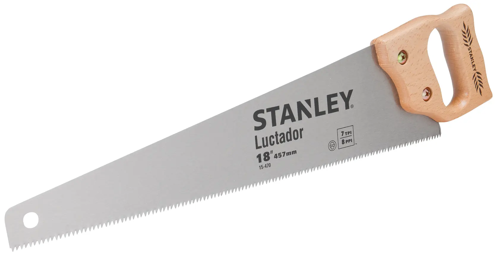STANLEY 15-470 sierra manual con mango de madera y hoja de acero de 18 pulgadas, ángulo izquierdo, fondo blanco.