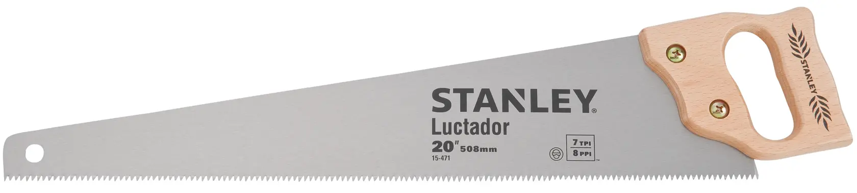 Foto de sierra manual STANLEY 15-471 con mango de madera y hoja de acero de 20 pulgadas, vista lateral sobre fondo blanco.