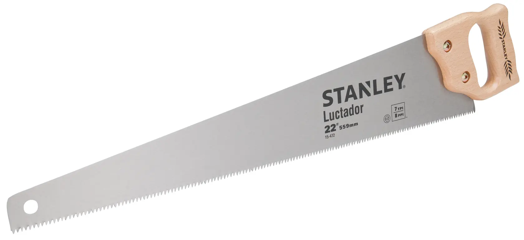 STANLEY 15-472 sierra manual, hoja de acero de 22 pulgadas con mango de madera, vista lateral, fotografía.