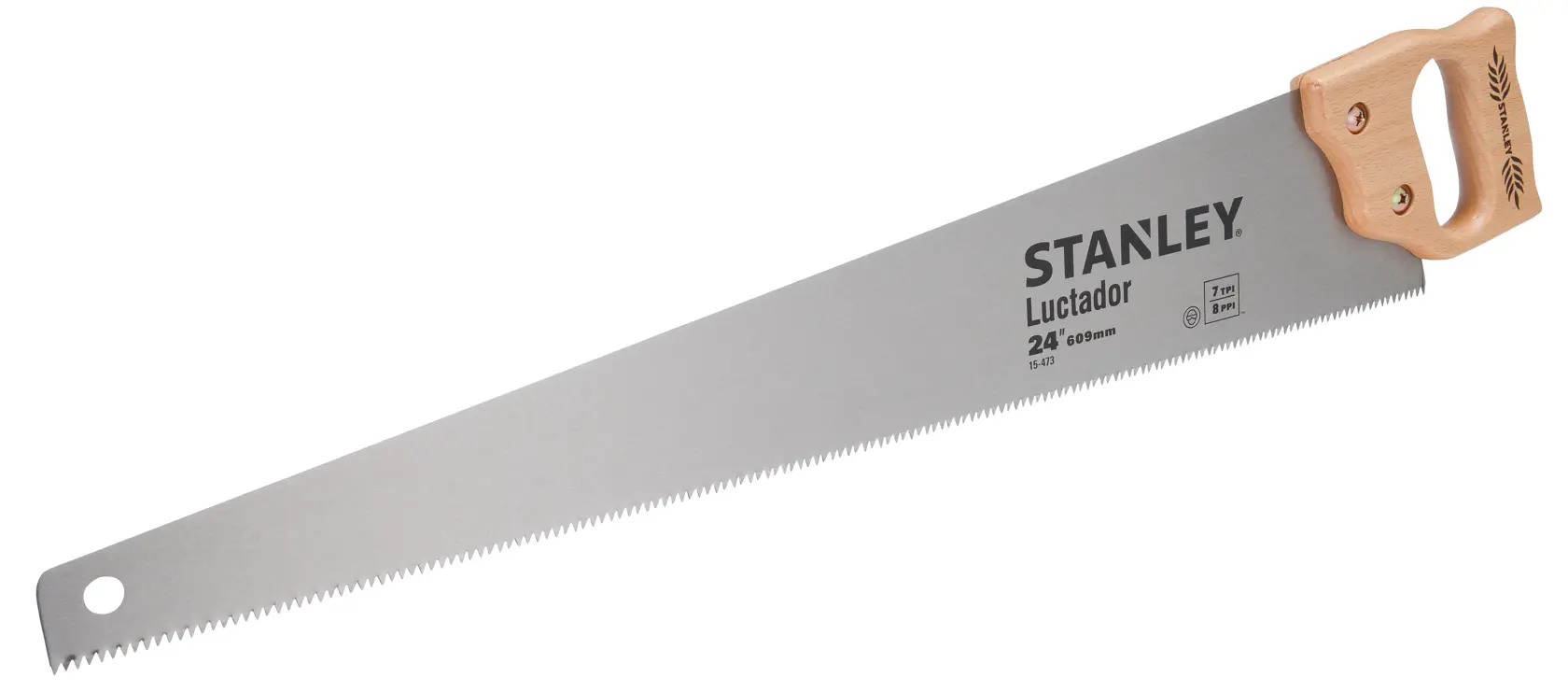 STANLEY 15-473 serrucho con mango de madera, vista lateral, hoja plateada, fotografía para categoría de producto.