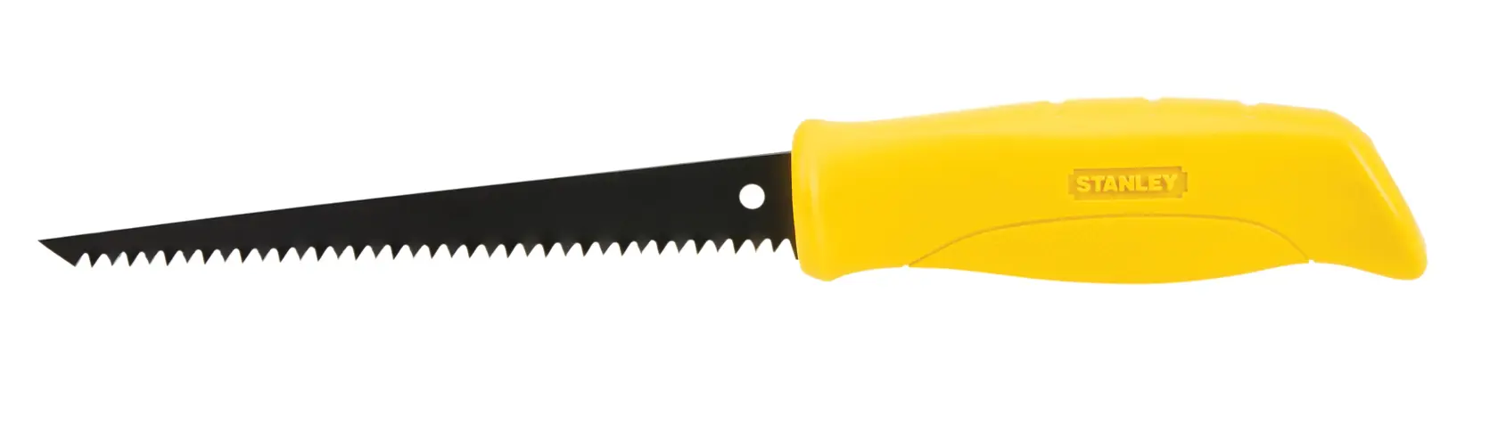Sierra para paneles de yeso Stanley con mango amarillo y hoja dentada negra, vista lateral en fondo blanco