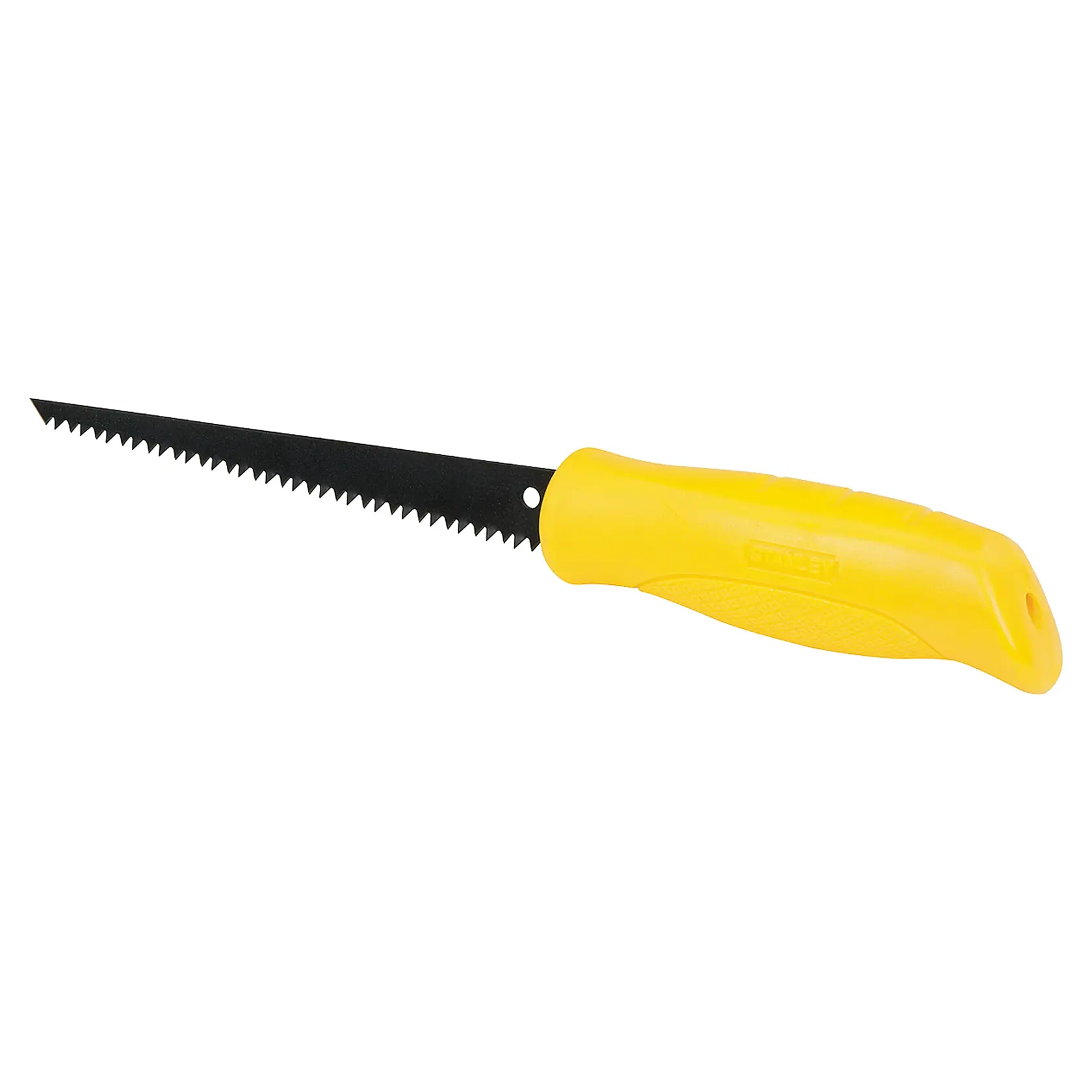 STANLEY 15-556 sierra para yeso con hoja dentada negra y mango ergonómico amarillo, vista lateral sobre fondo blanco.