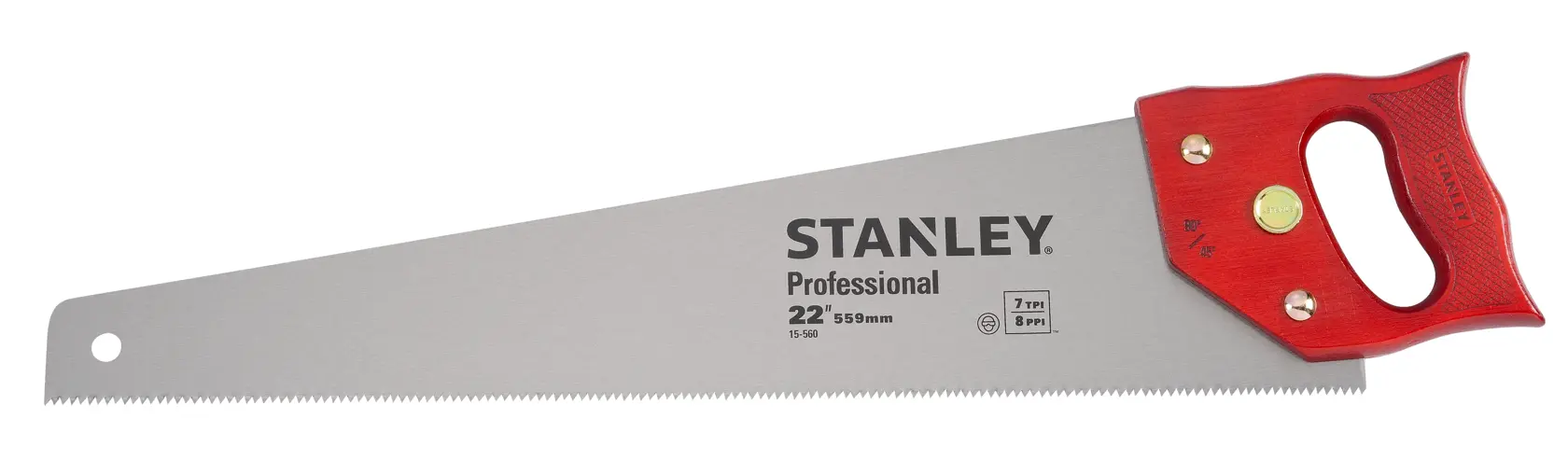 STANLEY 15-560 serrucho con mango rojo, hoja de 22 pulgadas, ángulo lateral, herramienta profesional sobre fondo blanco.