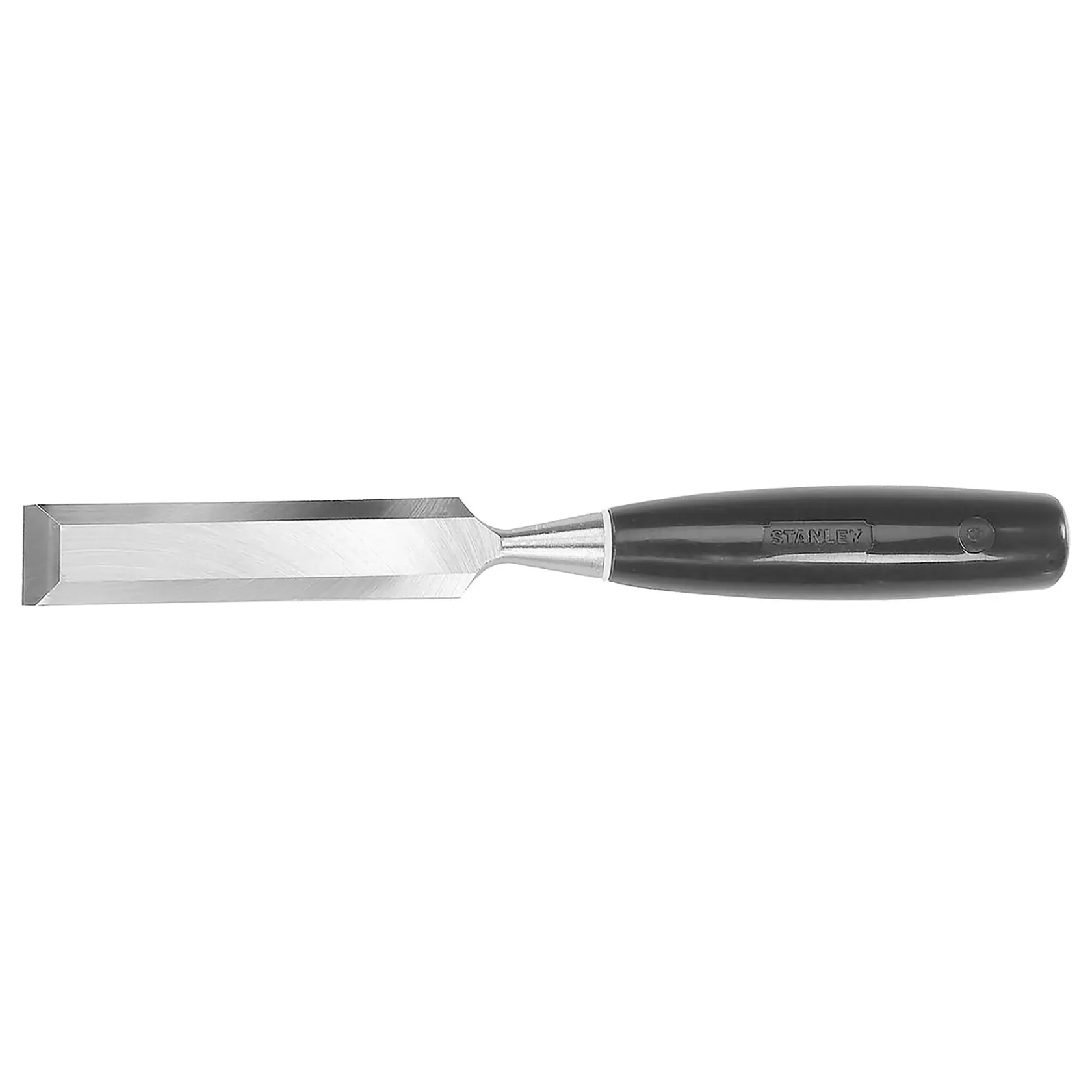Cincel para madera STANLEY 16-104 con hoja de acero biselada y mango negro, vista lateral sobre fondo blanco.