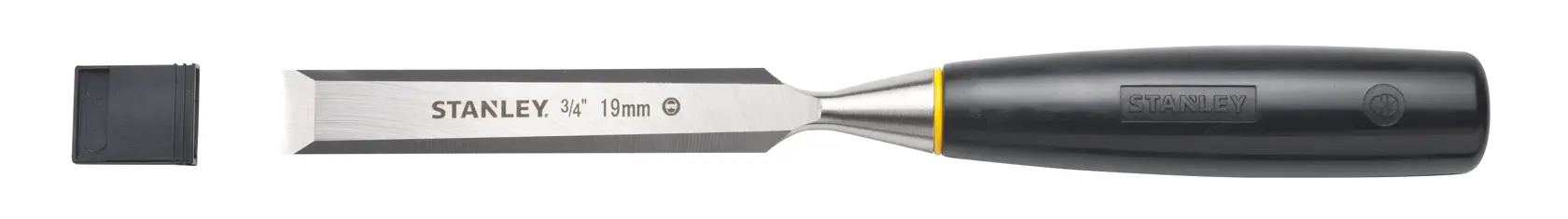 STANLEY 16-111LA cincel para madera con mango negro y funda de hoja, fotografía de producto sobre fondo blanco.
