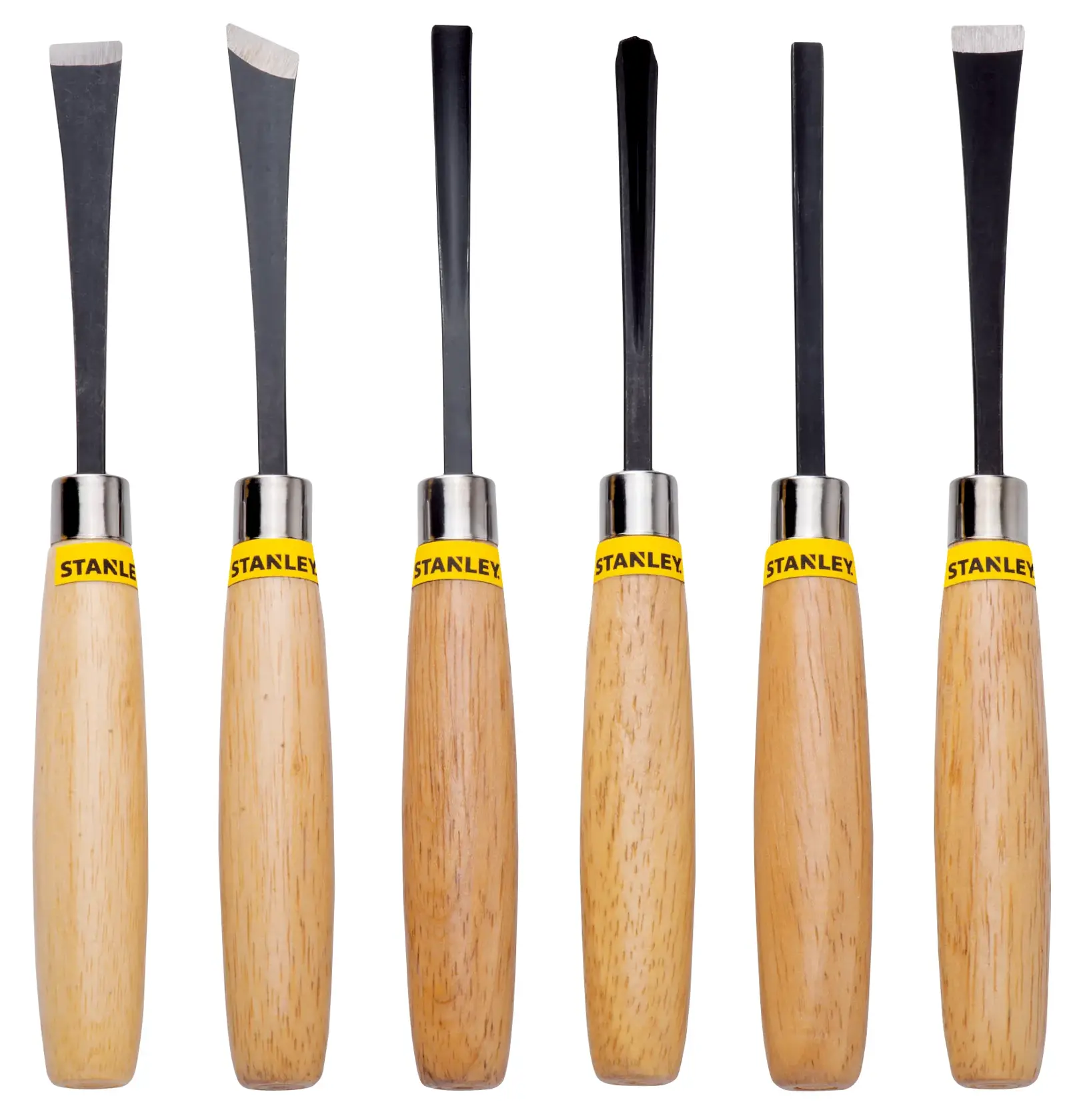 Juego de cinceles para tallar madera STANLEY 16-120, seis herramientas con mangos de madera, ángulo frontal, fondo blanco.