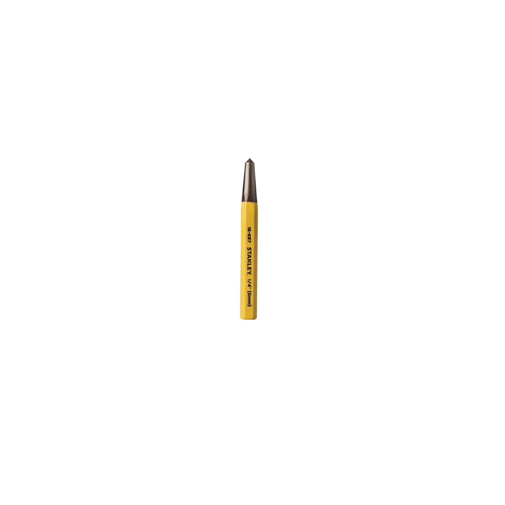 Un punzón de centro Stanley con mango amarillo y punta metálica, utilizado para marcar el centro de un punto para taladrar u otros trabajos.