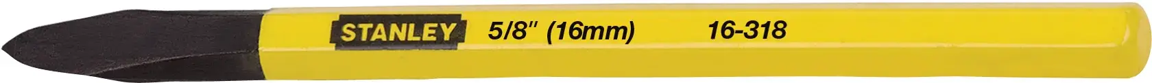 Cincel frío STANLEY 16-318 amarillo y negro, 5/8 pulgada, herramienta manual, vista lateral sobre fondo blanco.