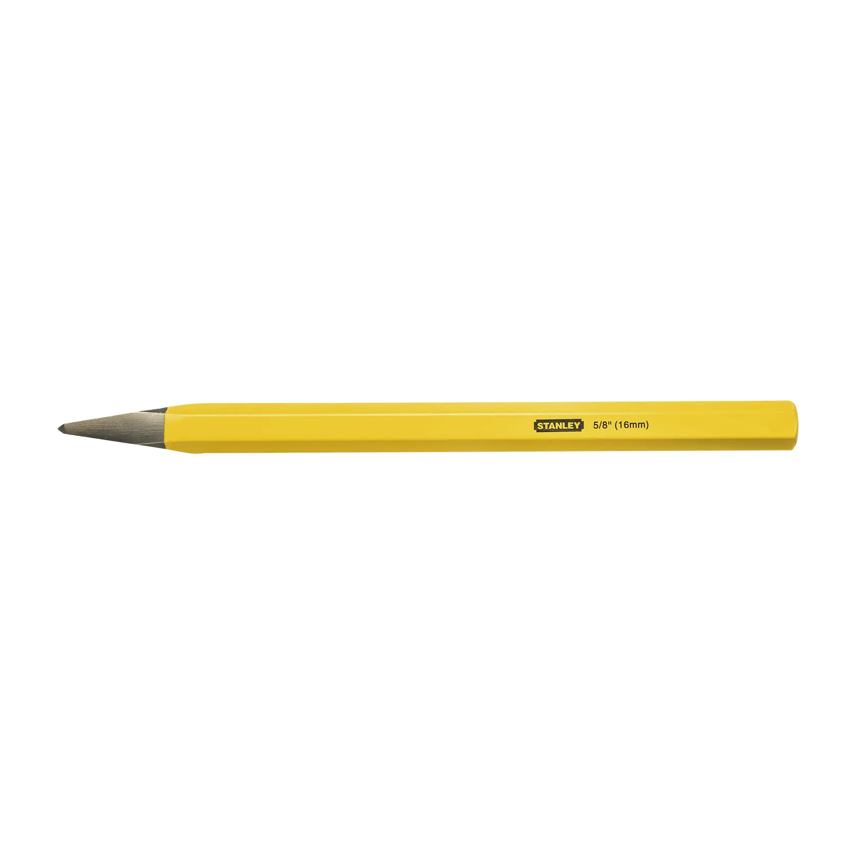 Cincel frío amarillo STANLEY 16-318 de 5/8 pulgada, vista lateral sobre fondo blanco.