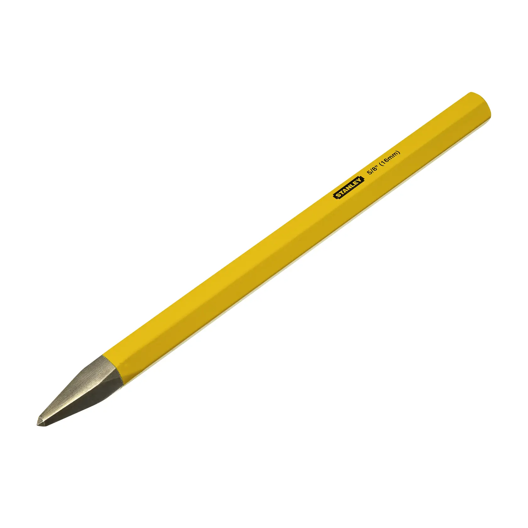 STANLEY 16-318 cincel frío amarillo, punta de acero, herramienta manual, vista angular sobre fondo blanco.