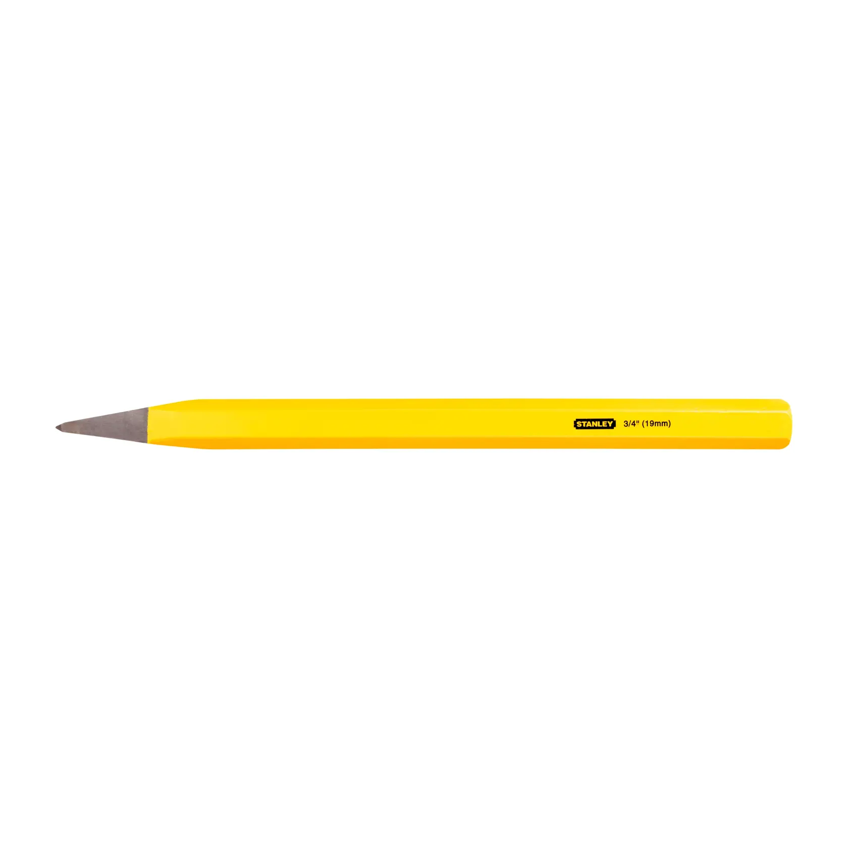 Cincel frío amarillo STANLEY 16-319, cuerpo hexagonal, vista lateral sobre fondo blanco, categoría herramienta manual.