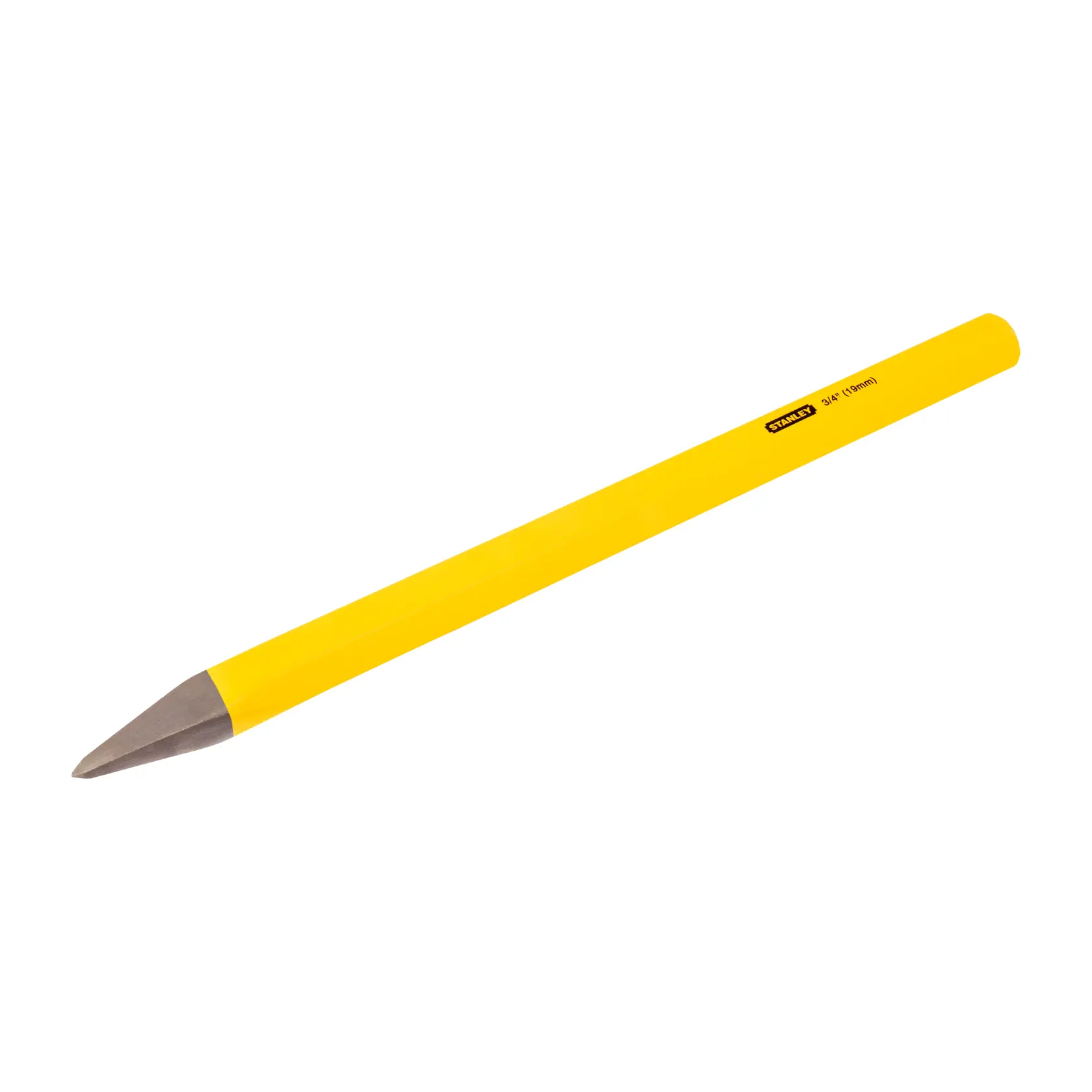 STANLEY 16-319 cincel frío amarillo, punta de metal, herramienta manual, foto en ángulo sobre fondo blanco.