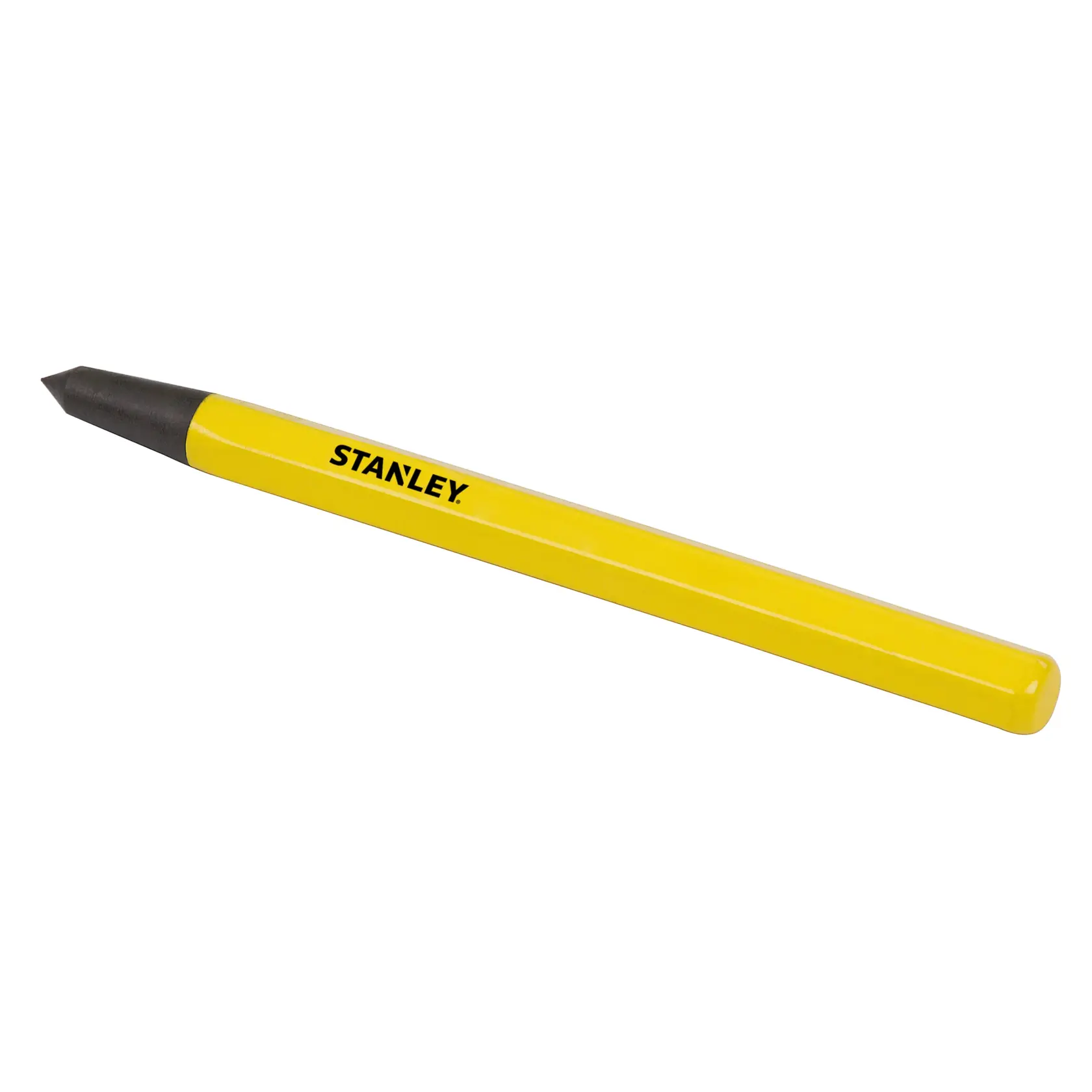 Stanley 16-325 punzón de acero amarillo, vista en ángulo, punta negra y logo destacado.