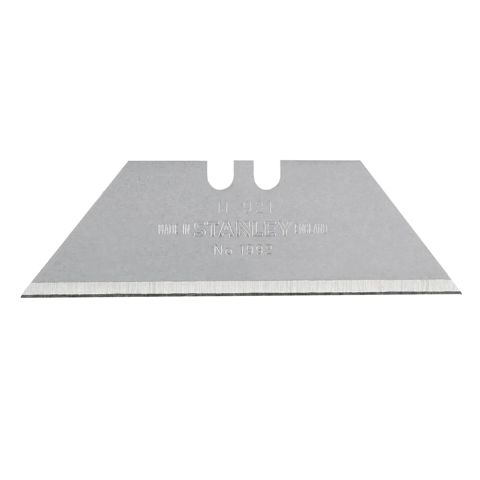 Cuchilla para cutter STANLEY 2-11-921, plateada, filo recto, fondo blanco, vista frontal.