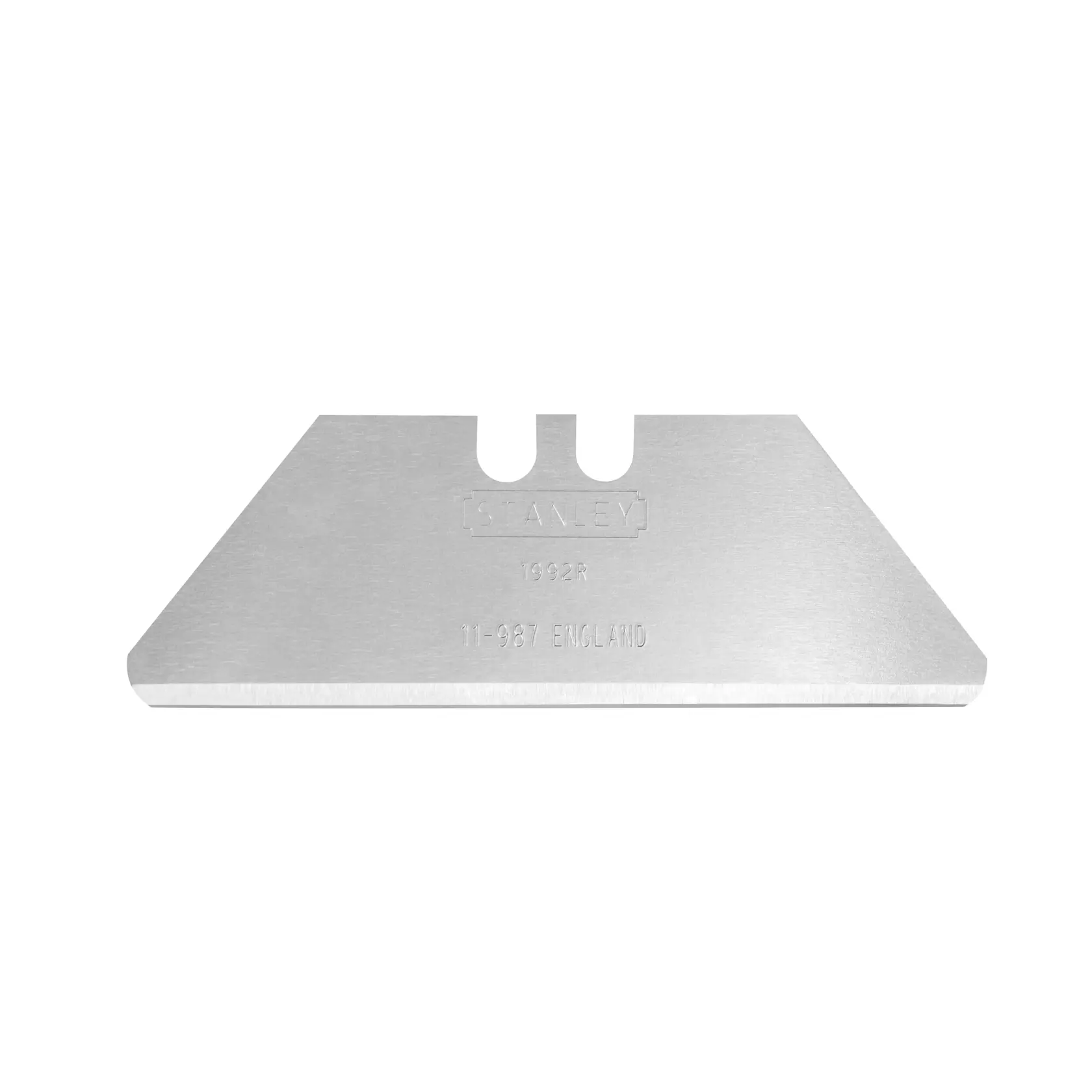 Cuchilla para cúter STANLEY 2-11-987, metal plateado, filo afilado, vista frontal, fondo blanco.