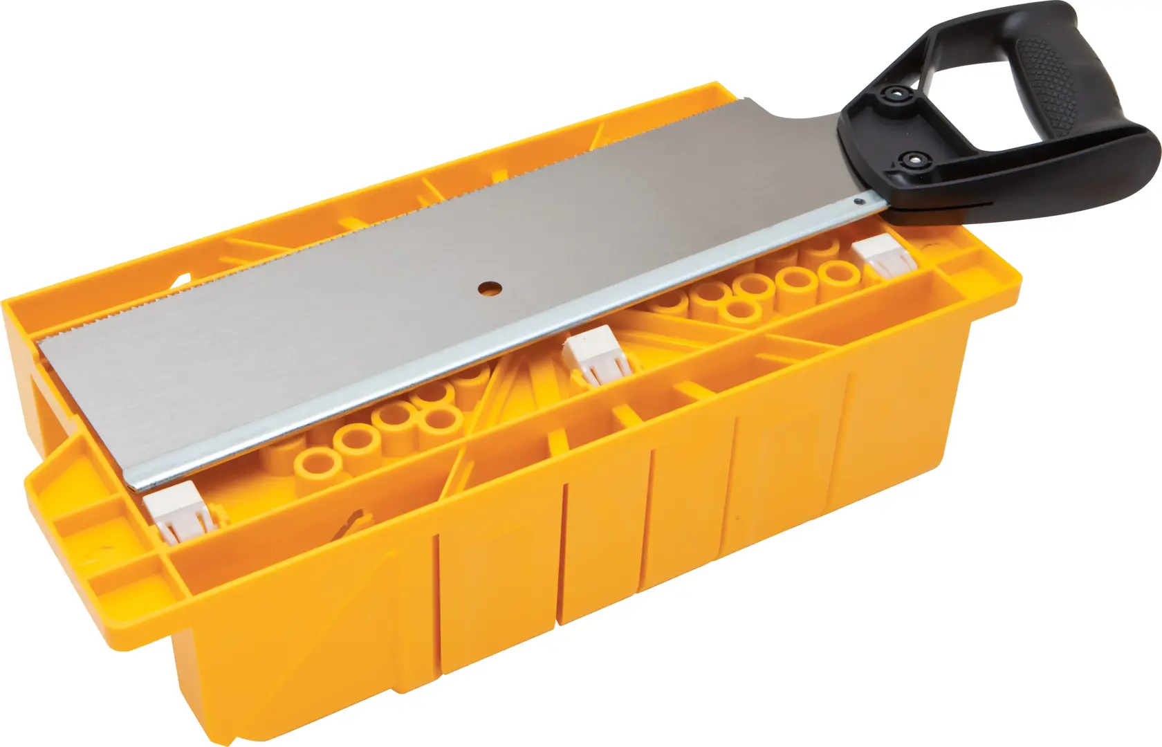 Stanley caja de ingletes y set de sierra vista lateral, caja amarilla y sierra metálica con mango negro