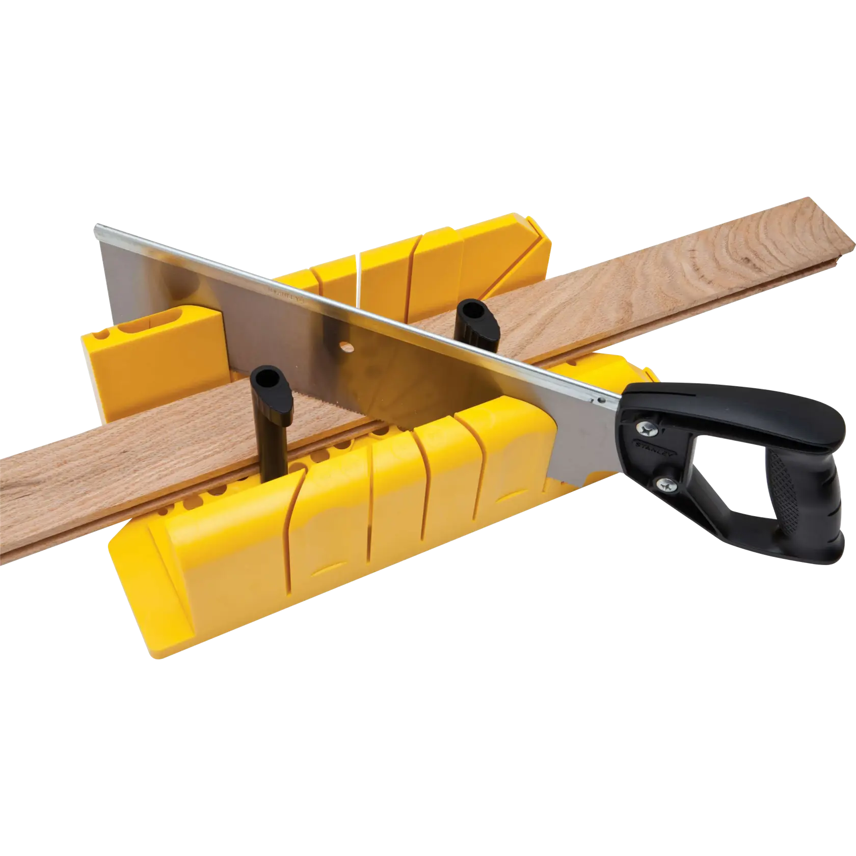 Stanley caja de ingletes y sierra, plástico amarillo con mango negro, cortando madera, ángulo superior, fotografía