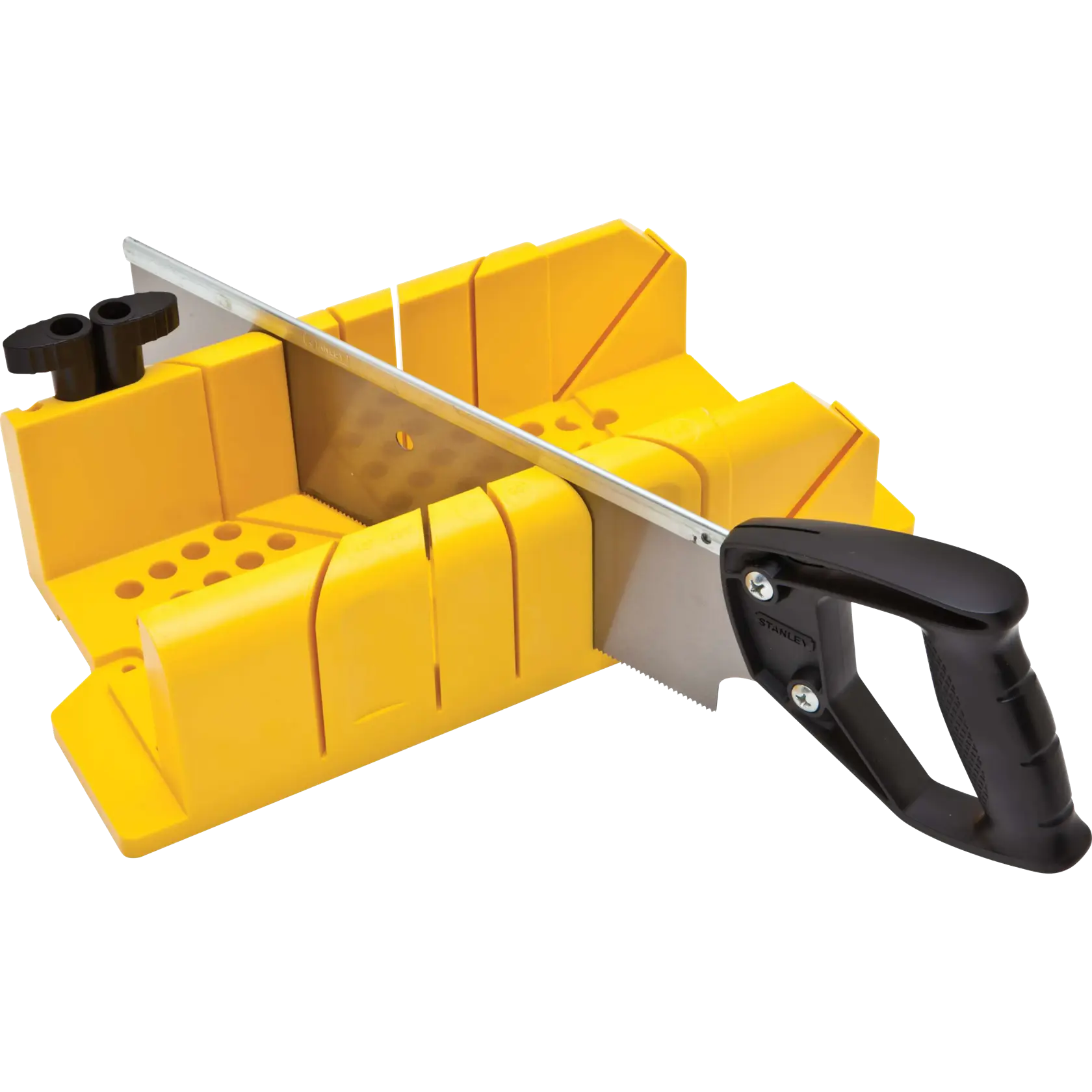 STANLEY caja de ingletes de plástico amarillo con sierra, mango negro y pasadores ajustables, ángulo tres cuartos sobre fondo blanco