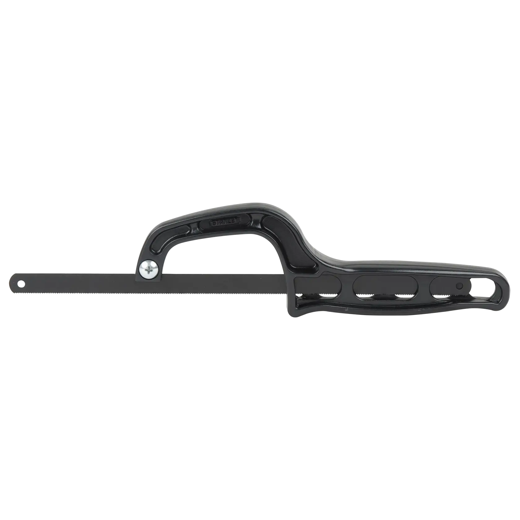 STANLEY 20-807 segueta con mango ergonómico negro de plástico, vista lateral sobre fondo blanco.