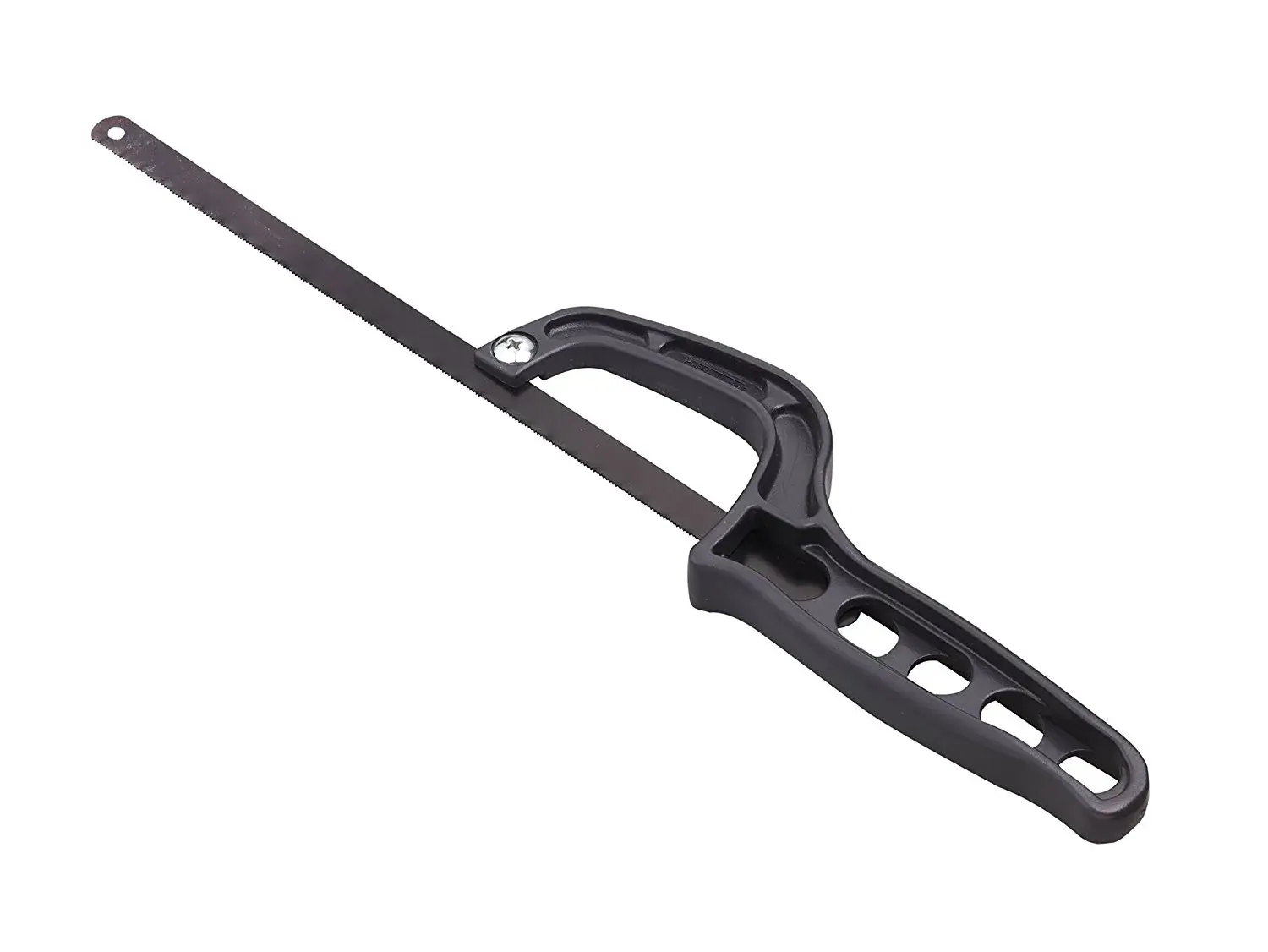 Sierra para metales Stanley con mango ergonómico negro, vista lateral, sobre fondo blanco