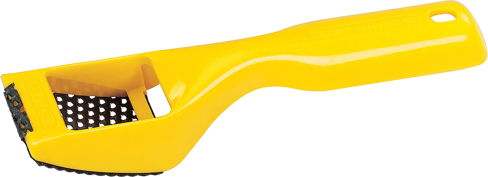 STANLEY 21-115 herramienta Surform afiladora amarilla, vista lateral, con mango de plástico y cuchilla de metal.