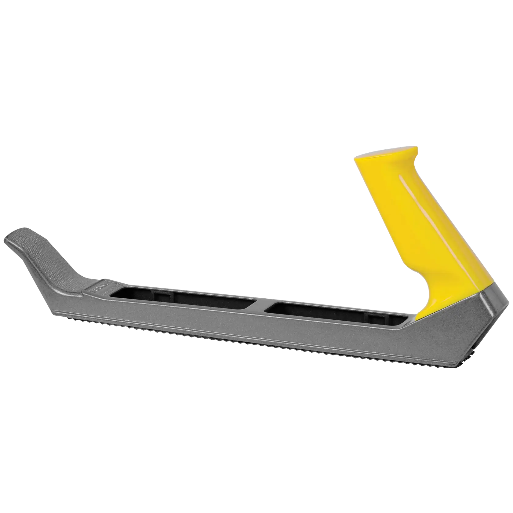 Cepillo surform Stanley con mango amarillo, vista lateral, cuerpo gris, base dentada, sobre fondo blanco