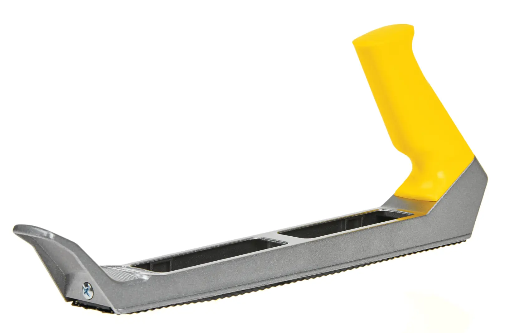 Cepillo Surform Stanley con mango amarillo, vista lateral en ángulo sobre fondo blanco
