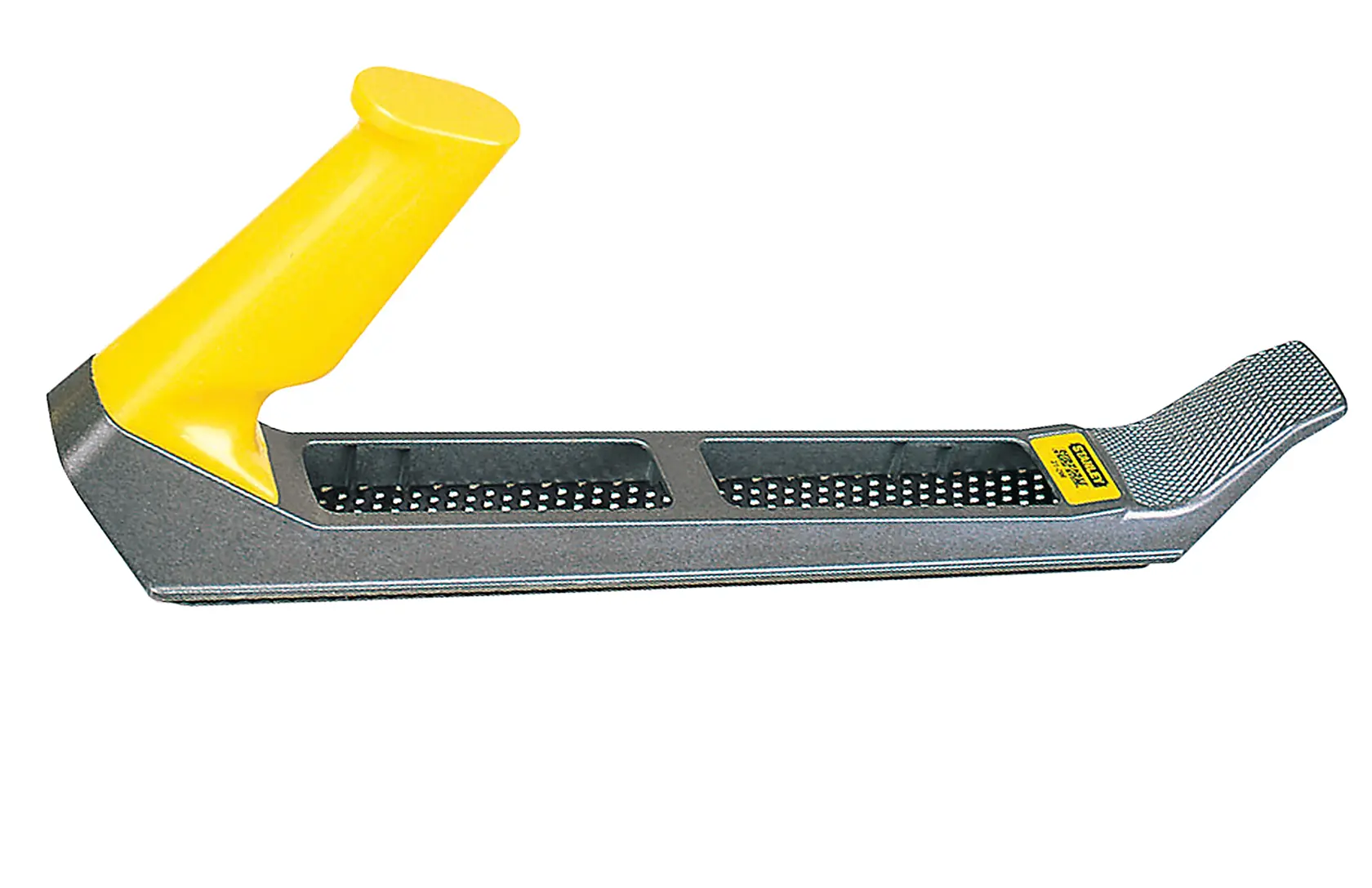 STANLEY 21-296 cepillo surform con mango amarillo, vista lateral sobre fondo blanco.
