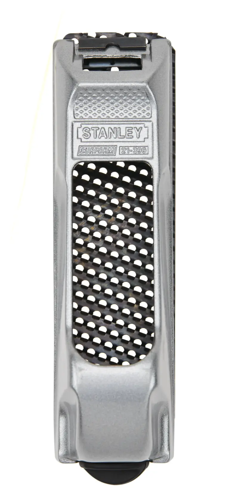 STANLEY 21-399 herramienta surform manual plateada con negro, vista superior, fondo blanco.