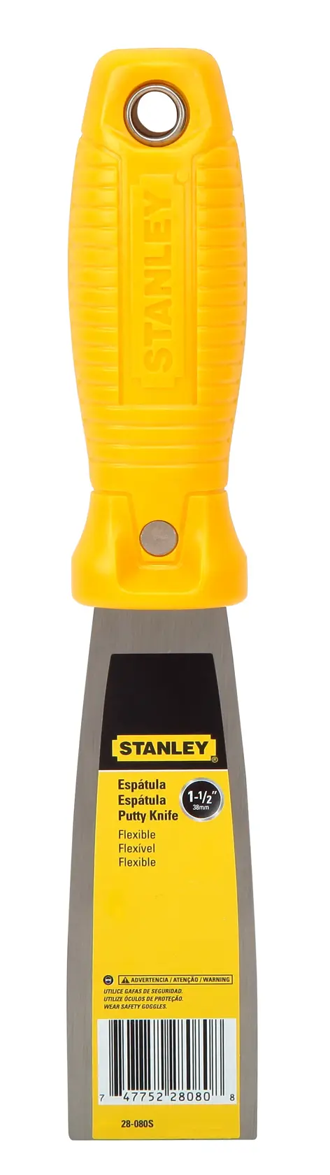 Espátula STANLEY 28-080S con mango ergonómico amarillo y hoja flexible, vista frontal sobre fondo blanco.