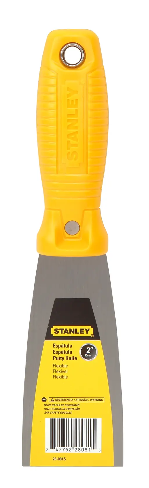 Espátula STANLEY 28-081S con mango ergonómico amarillo y hoja flexible de metal, vista frontal sobre fondo blanco.