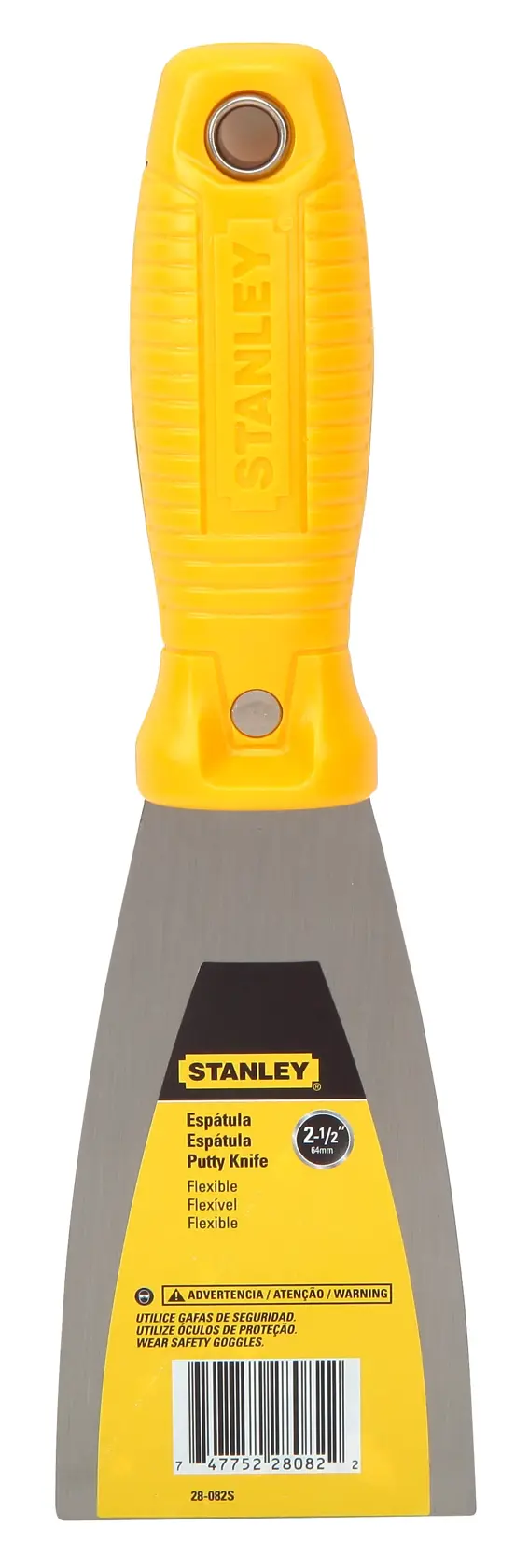 Espátula STANLEY 28-082S con mango amarillo y hoja flexible de acero inoxidable, vista frontal sobre fondo blanco.