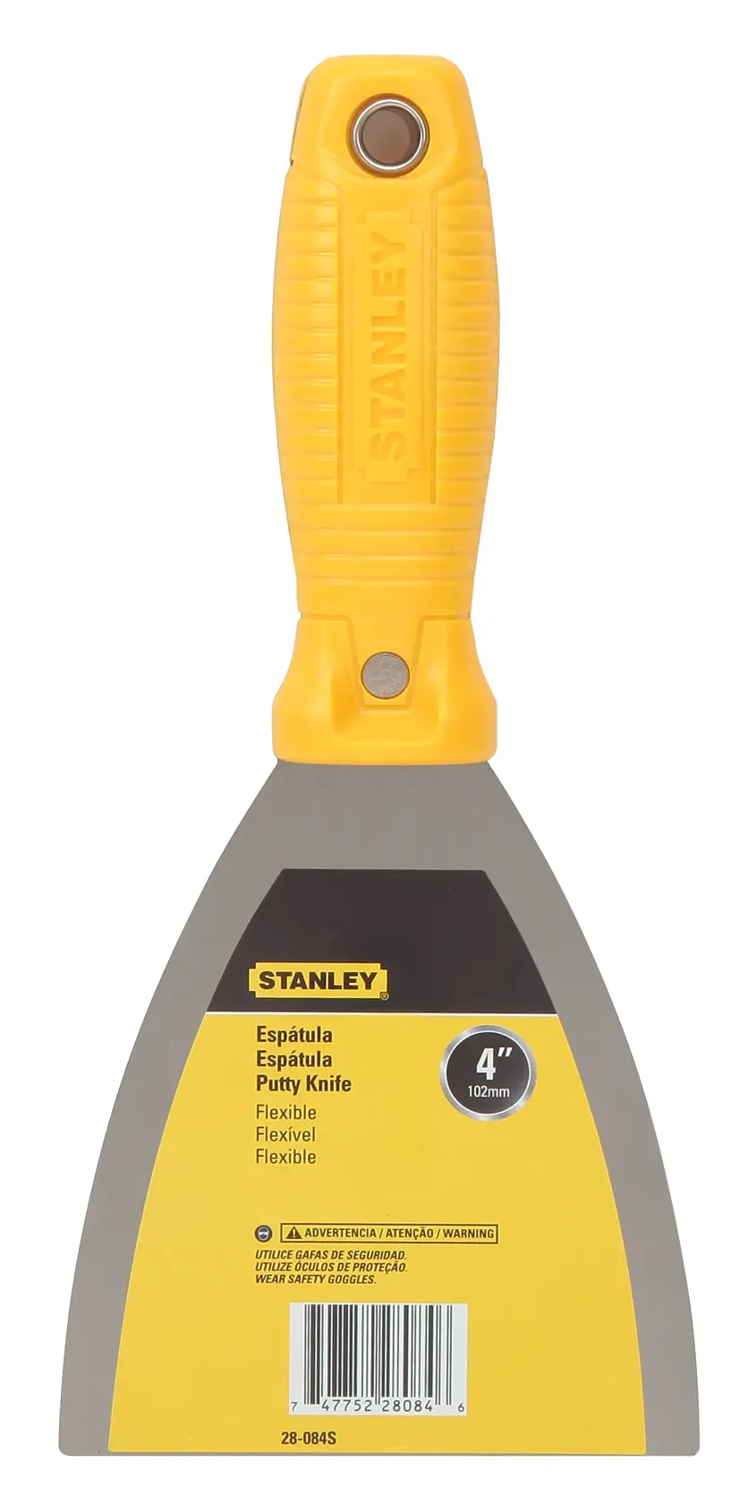 Espátula flexible Stanley 28-084S con mango amarillo, fotografía desde el frente sobre fondo blanco.