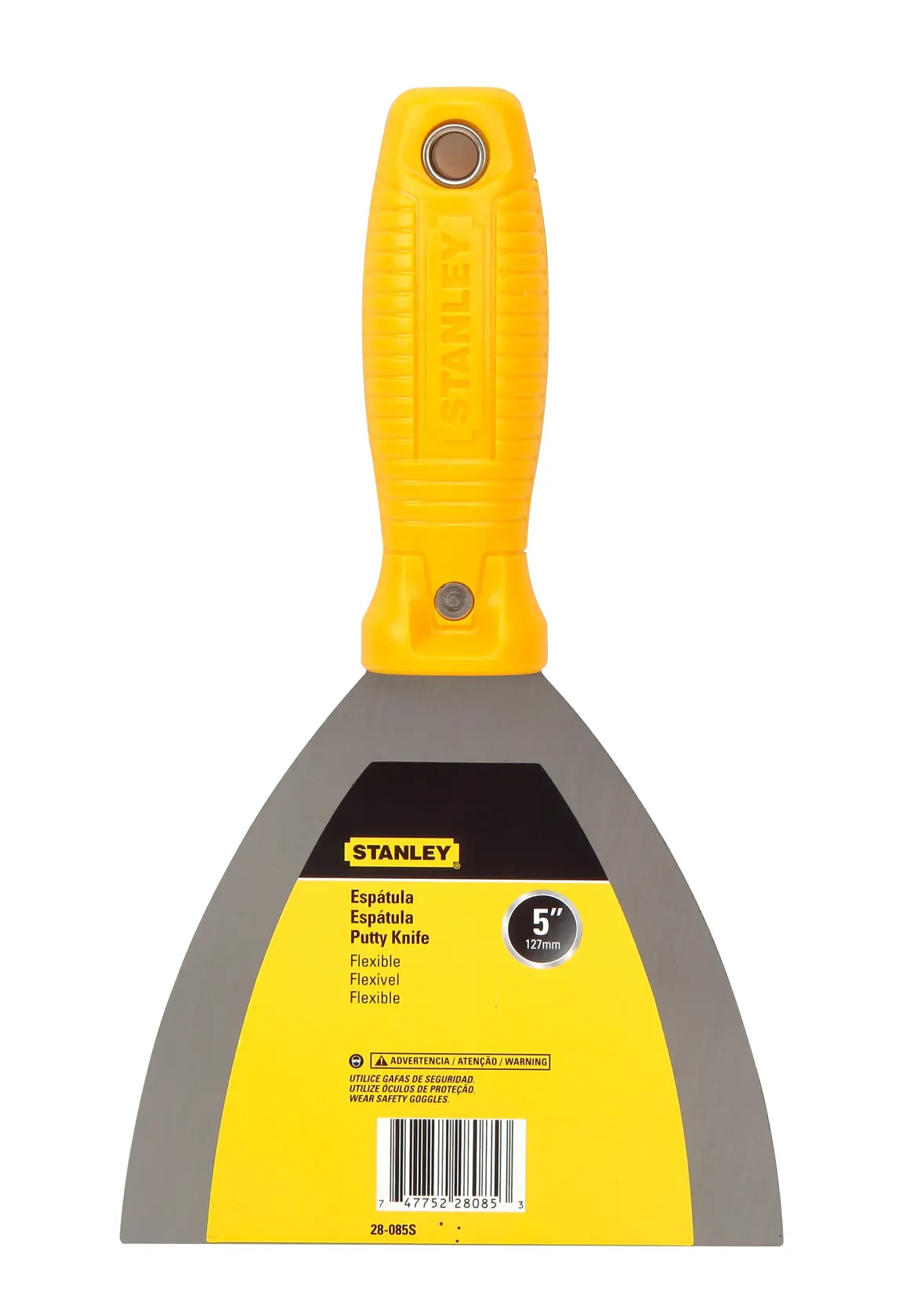 Espátula STANLEY 28-085S con mango amarillo y hoja flexible de acero inoxidable de 5 pulgadas, vista frontal sobre fondo blanco.