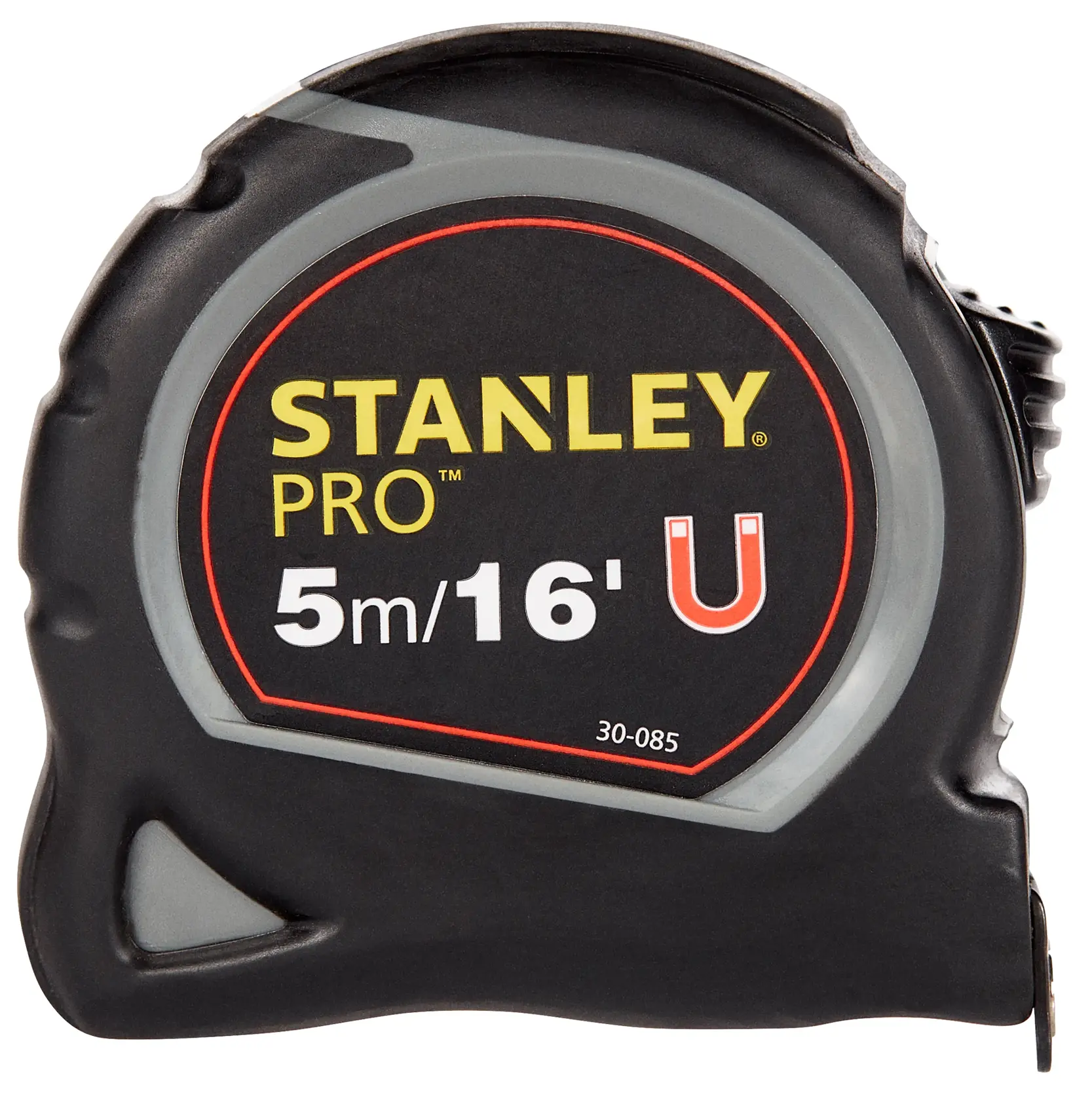 Stanley 30-085 PRO cinta métrica, negra y gris, 5m/16ft, vista frontal sobre fondo blanco.