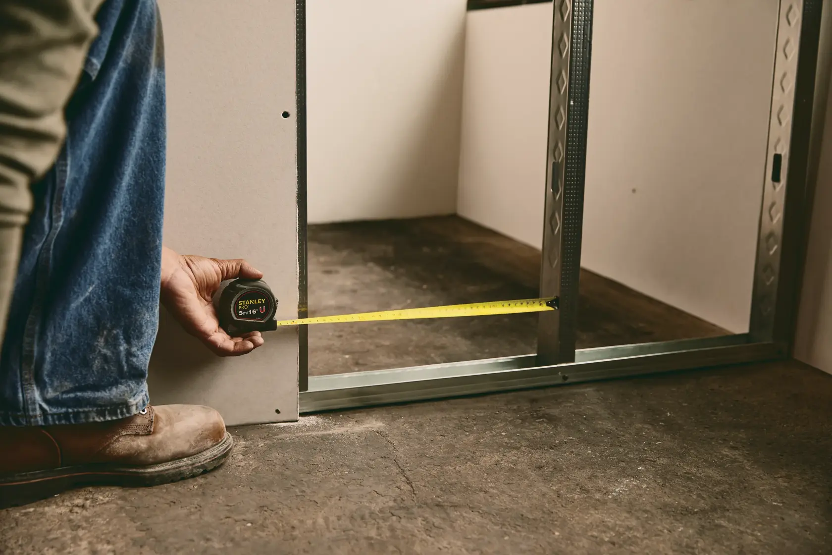 STANLEY 30-085 cinta métrica utilizada para medir un marco de pared sobre piso de concreto, primer plano.