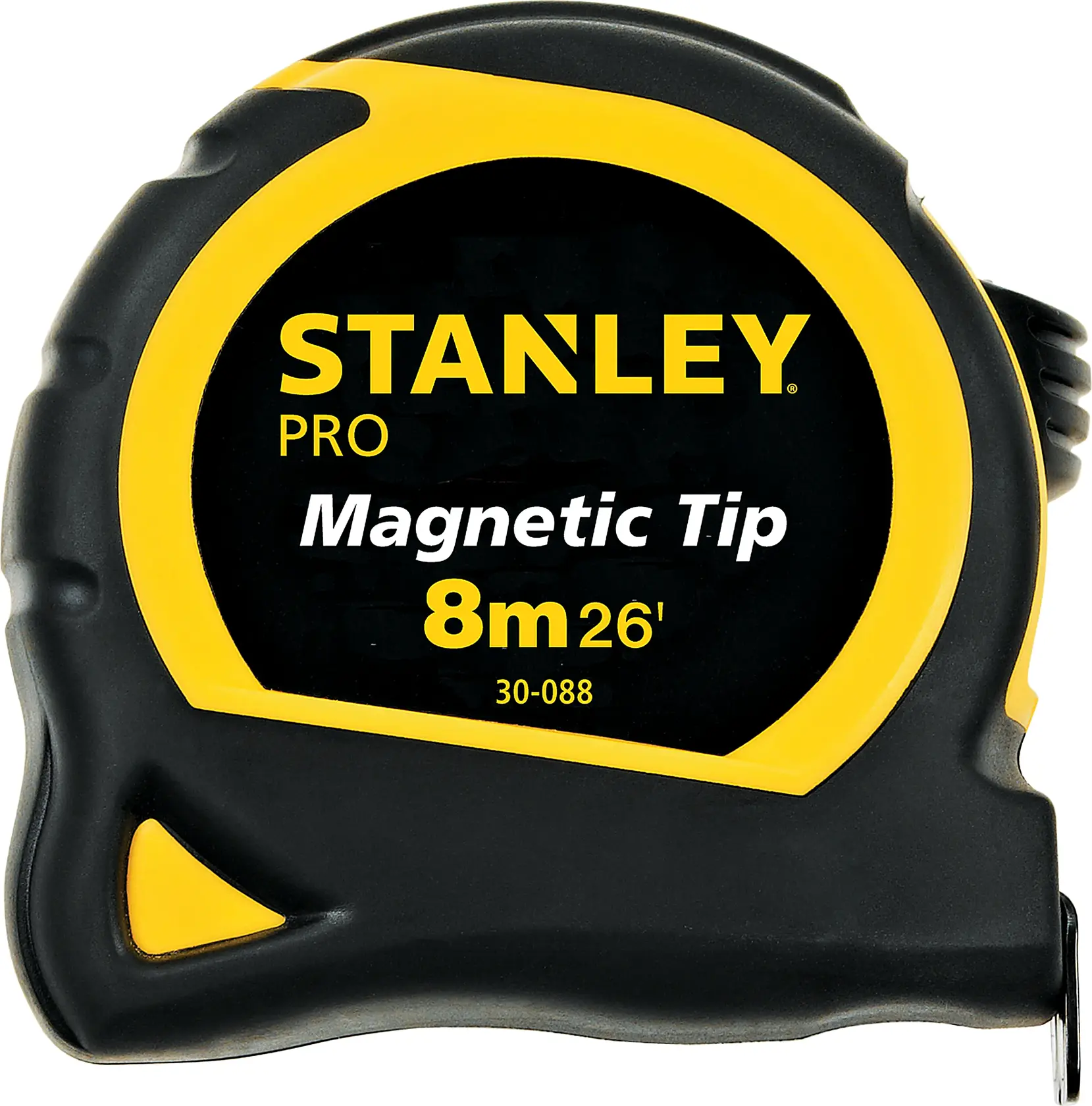 Stanley 30-088 PRO cinta métrica con punta magnética, negro y amarillo, vista frontal sobre fondo blanco.