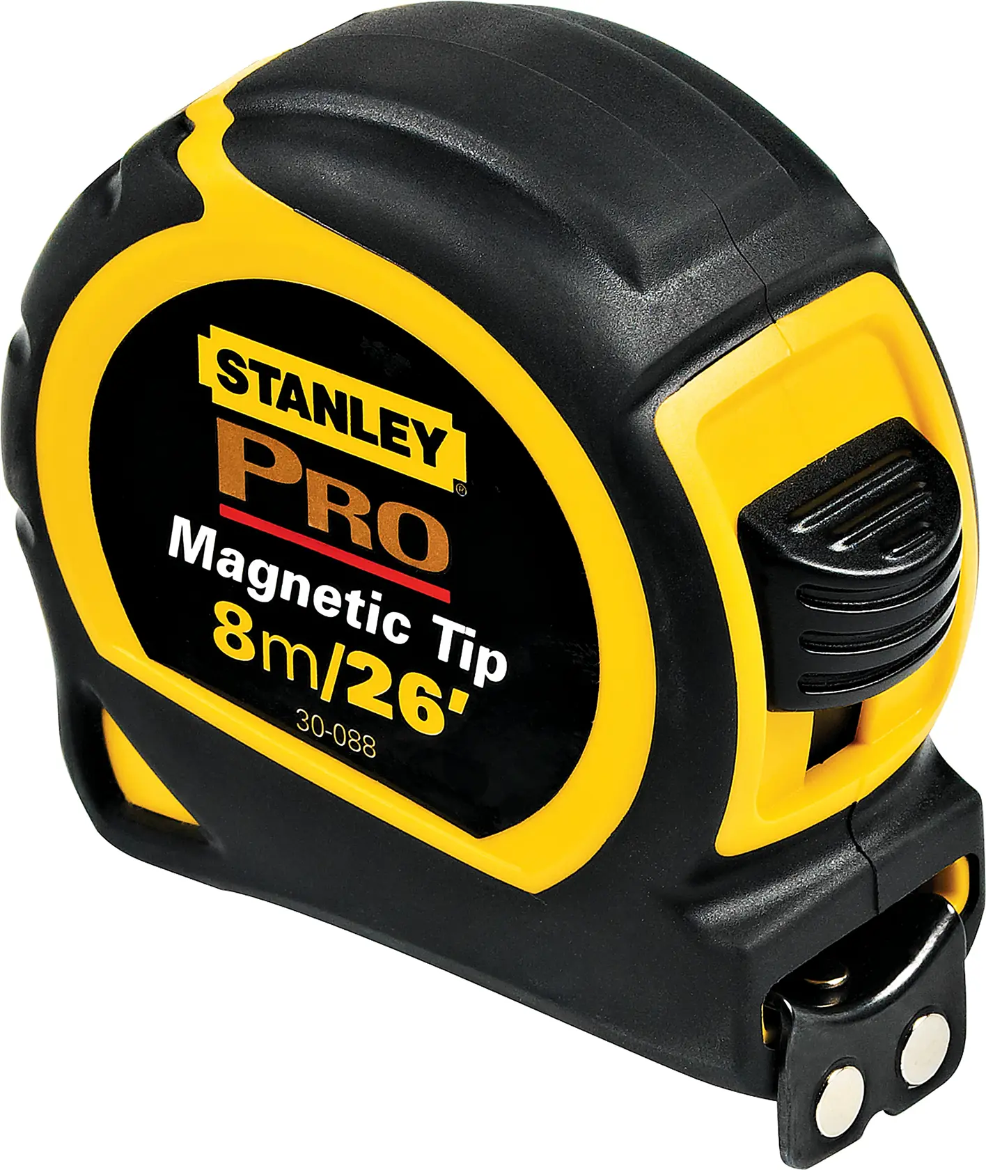 Stanley 30-088 PRO cinta métrica, punta magnética, 8m/26ft, negro y amarillo, ángulo del producto sobre fondo blanco.