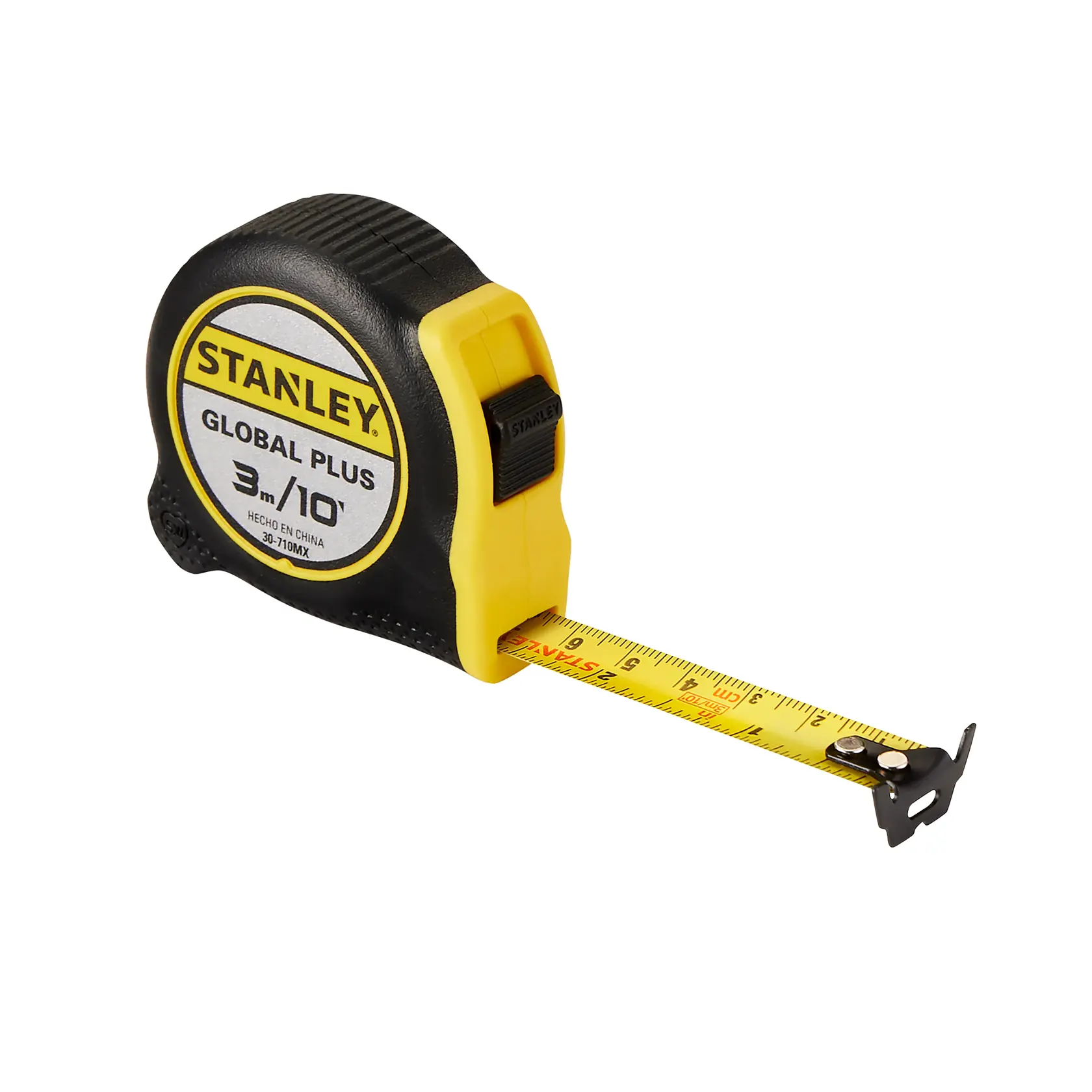 STANLEY 30-710MX cinta métrica, negro y amarillo, vista lateral, cinta amarilla extendida.