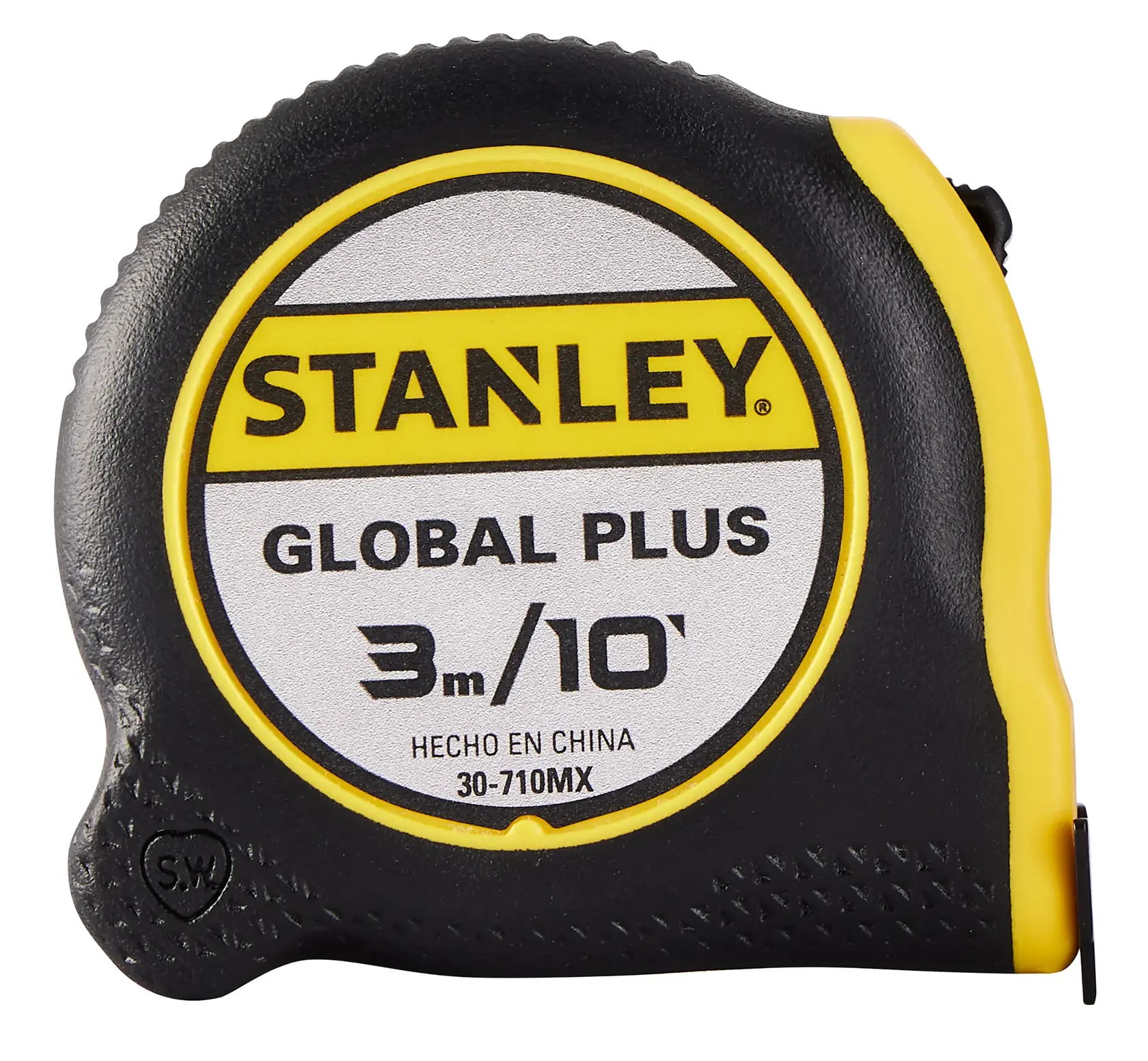 Cinta métrica STANLEY 30-710MX, modelo Global Plus, 3 metros/10 pies, carcasa negra y amarilla, ángulo frontal.